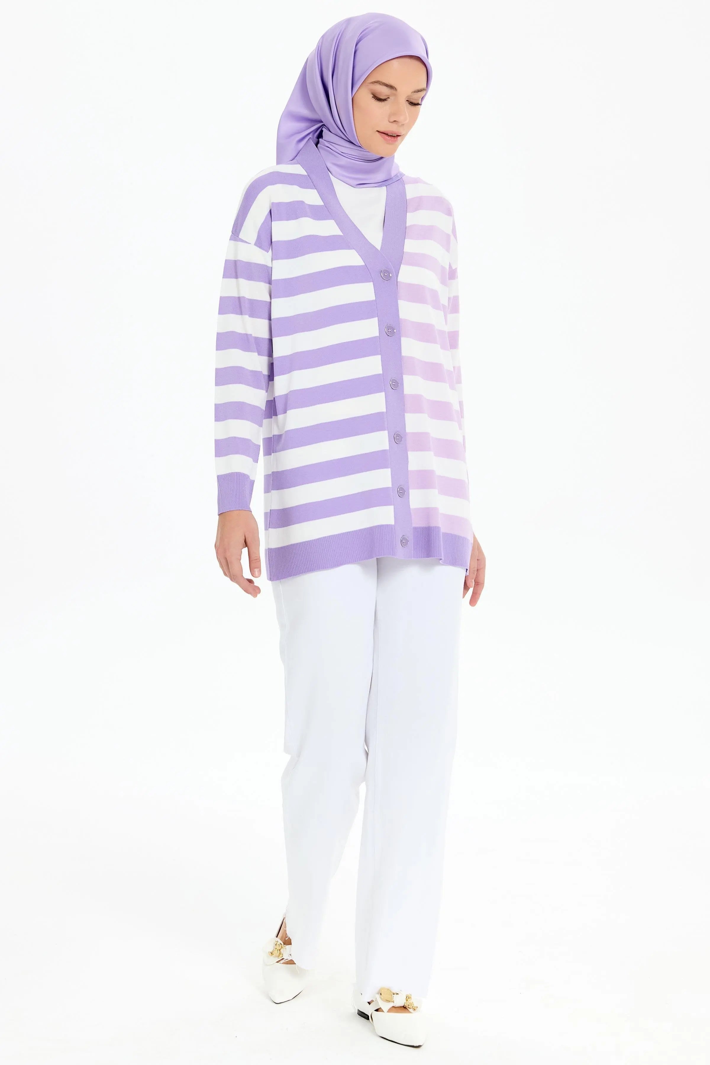 Çizgili Düğme Kapamalı Triko Hırka - Lila TUGBA