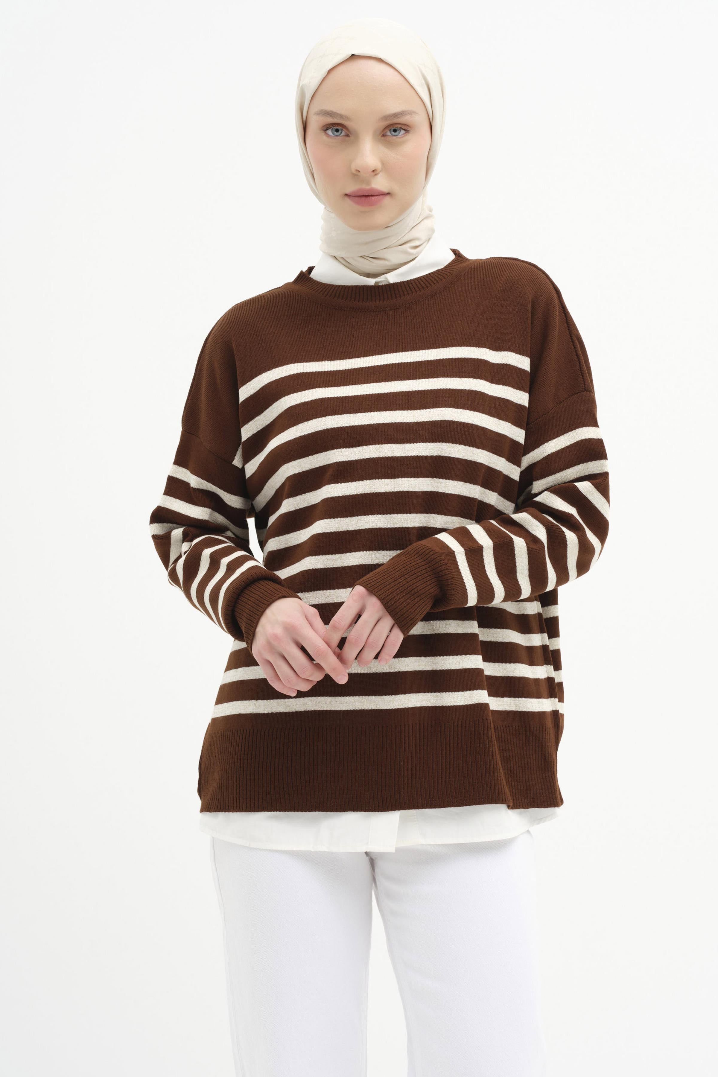 Çizgili Düşük Kol Triko Kazak - Kahve - Bej TUGBA