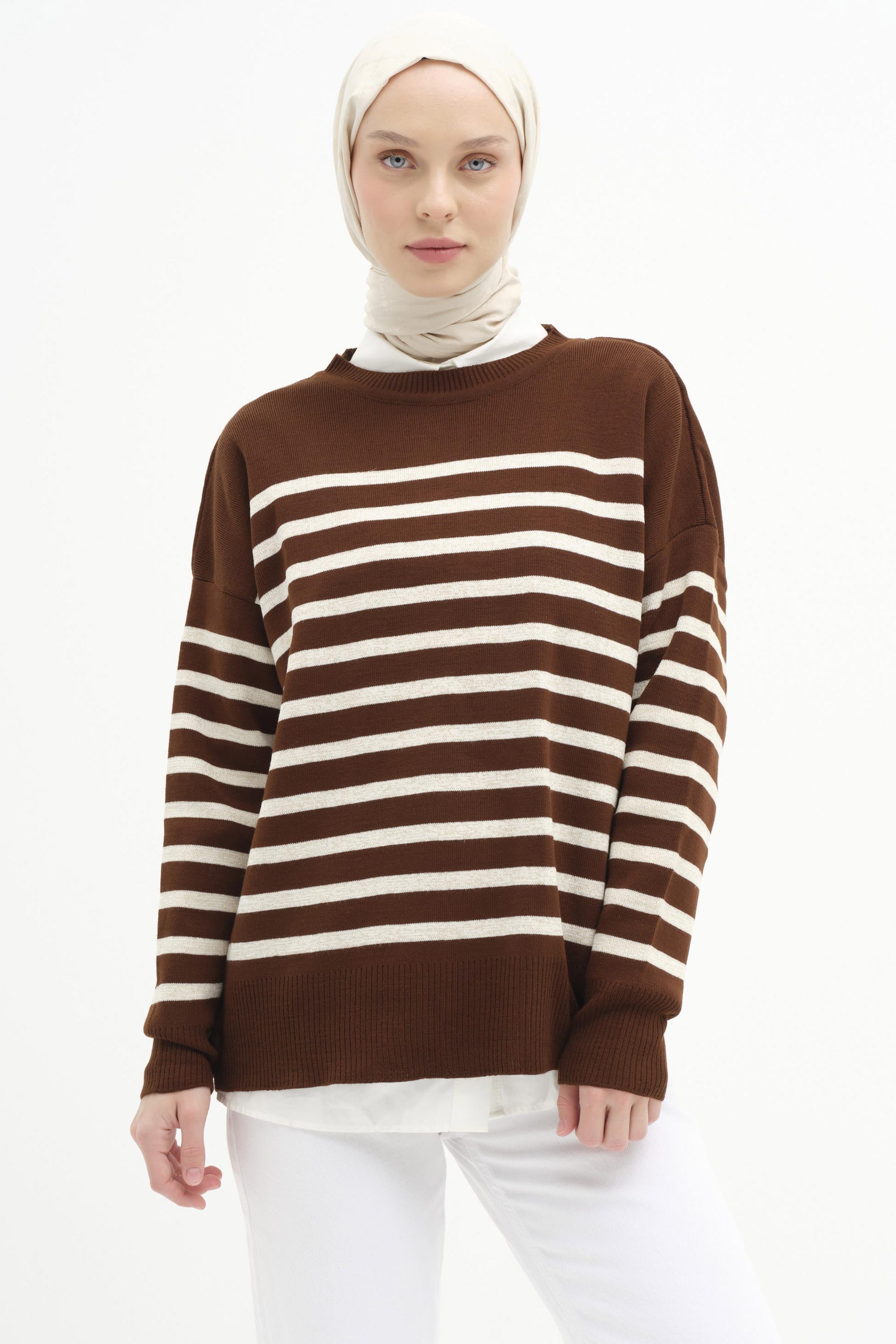 Çizgili Düşük Kol Triko Kazak - Kahve - Bej TUGBA