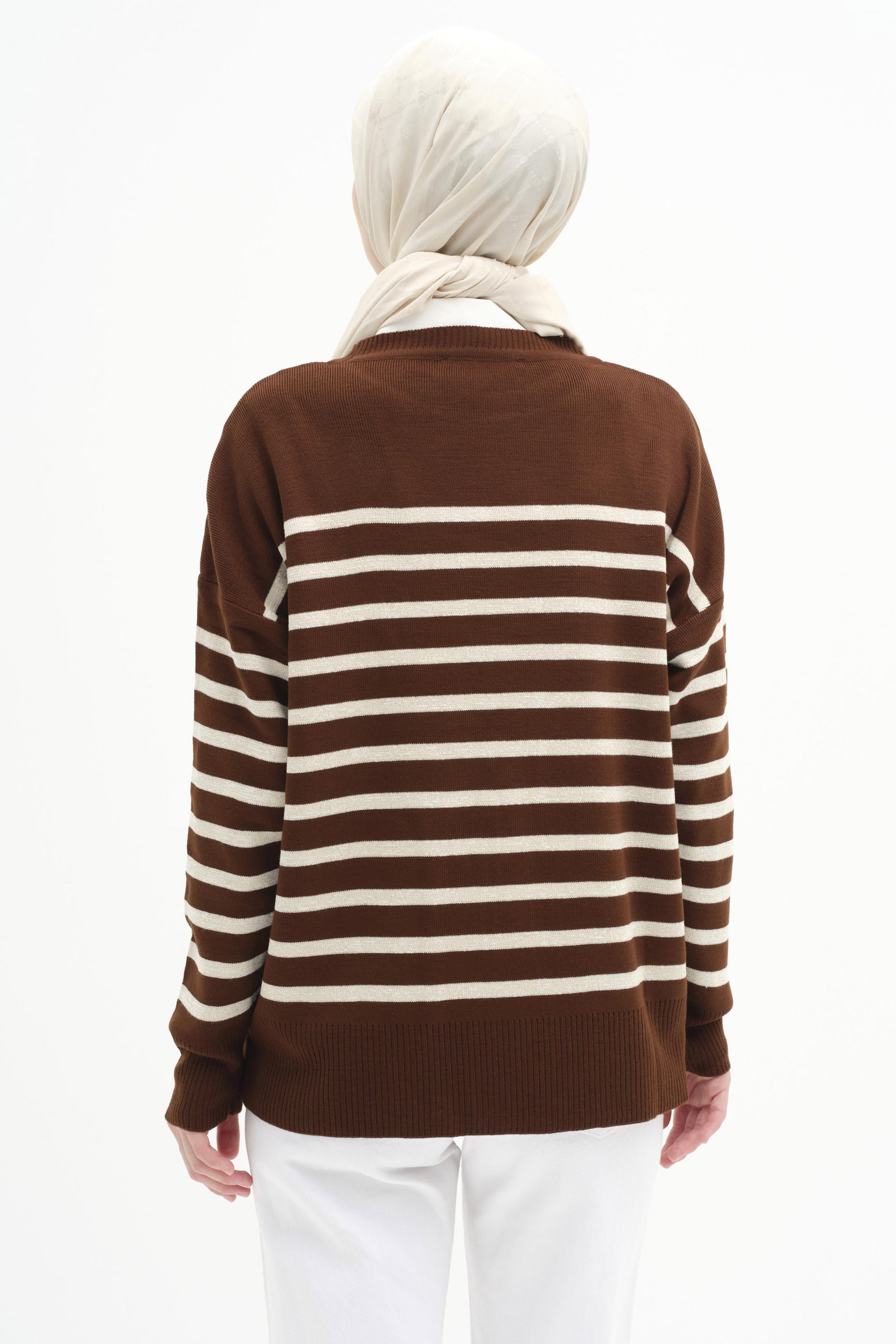 Çizgili Düşük Kol Triko Kazak - Kahve - Bej TUGBA