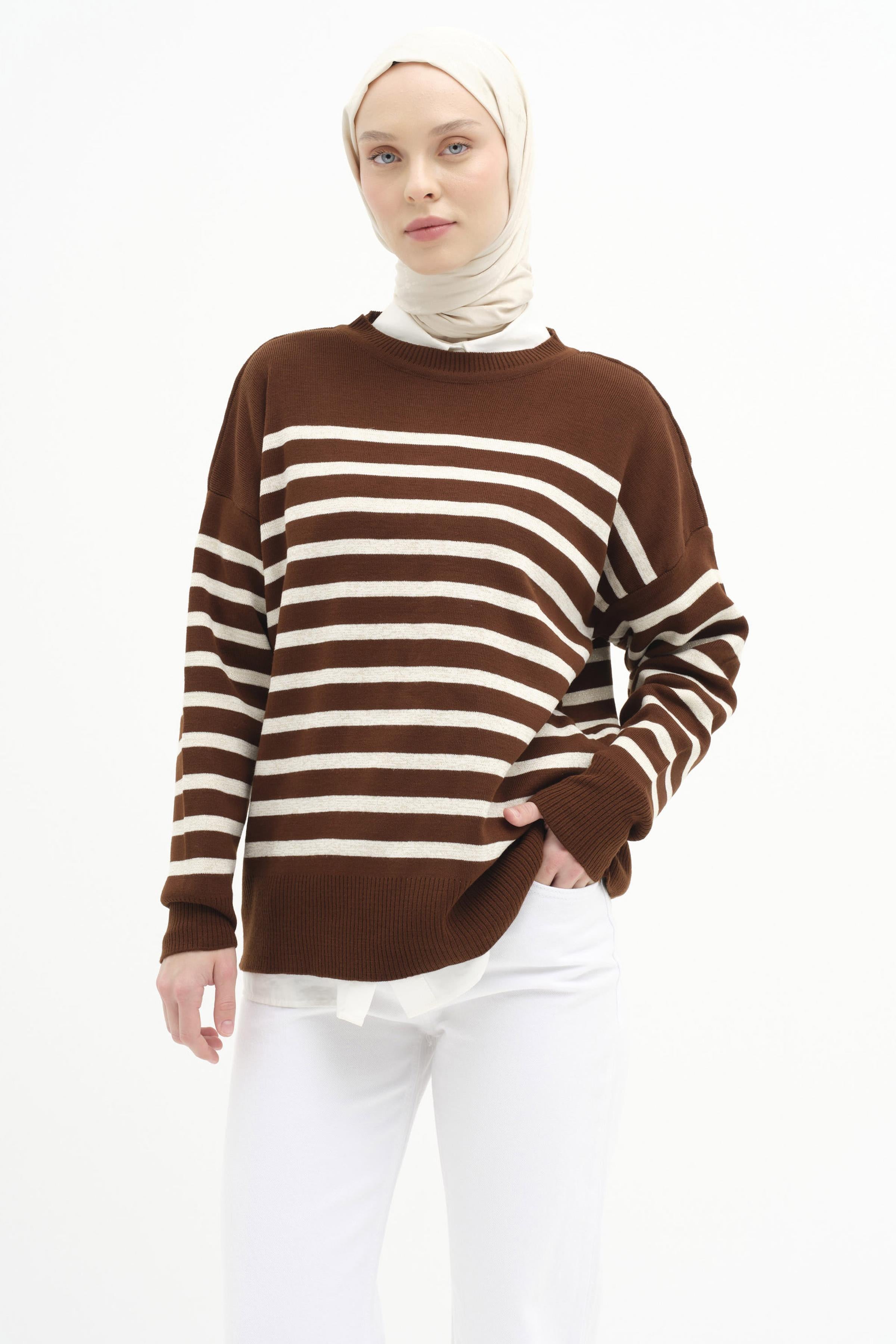 Çizgili Düşük Kol Triko Kazak - Kahve - Bej TUGBA