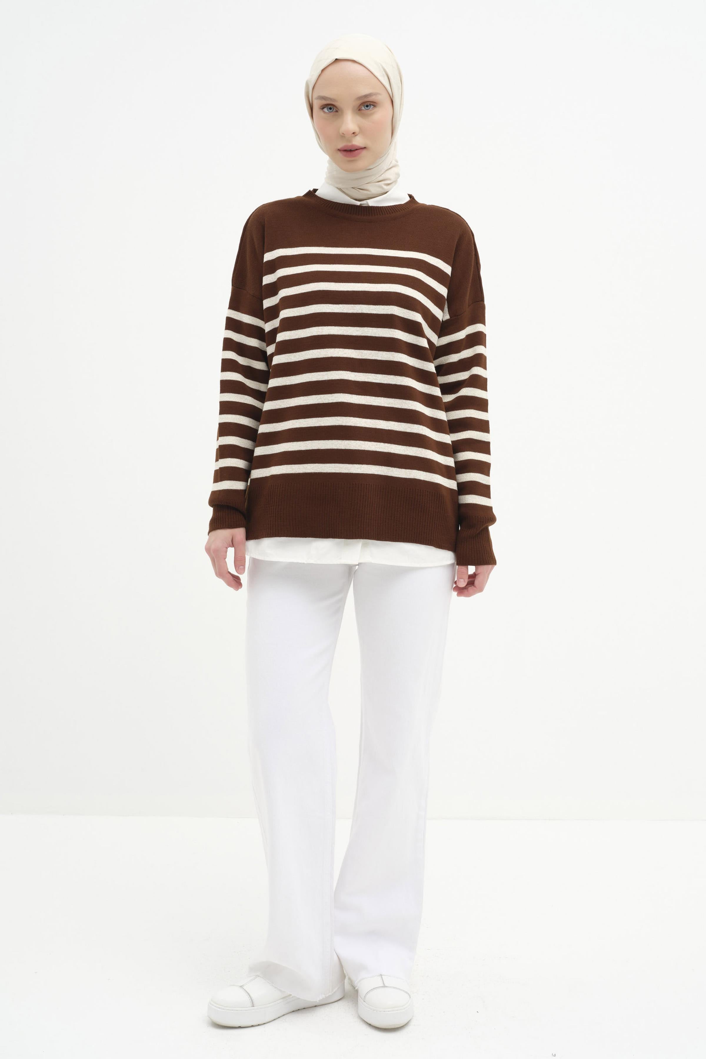 Çizgili Düşük Kol Triko Kazak - Kahve - Bej TUGBA