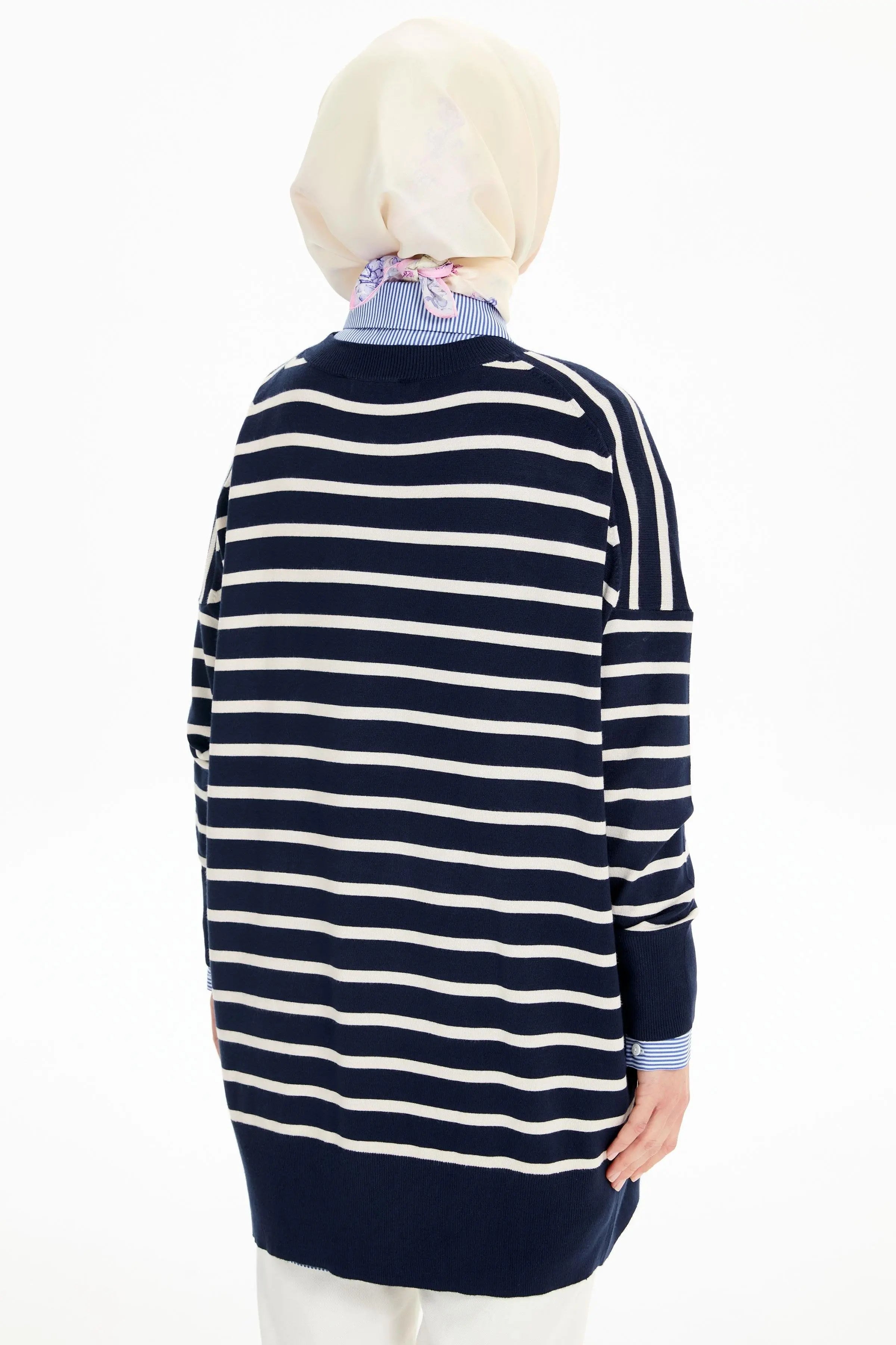 Çizgili Düşük Kol Triko Kazak - Lacivert - Ekru TUGBA