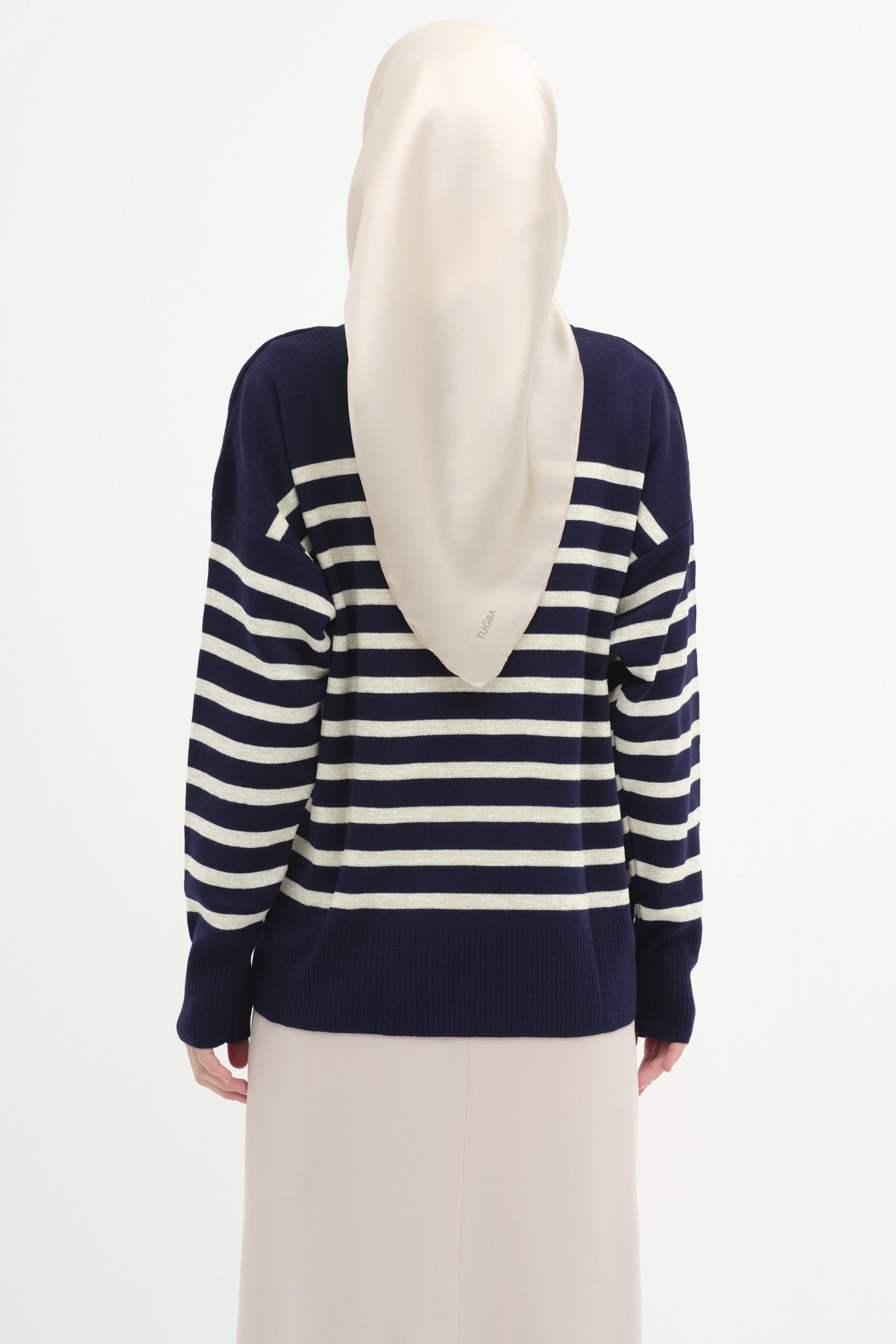 Çizgili Düşük Kol Triko Kazak - Lacivert - Ekru TUGBA