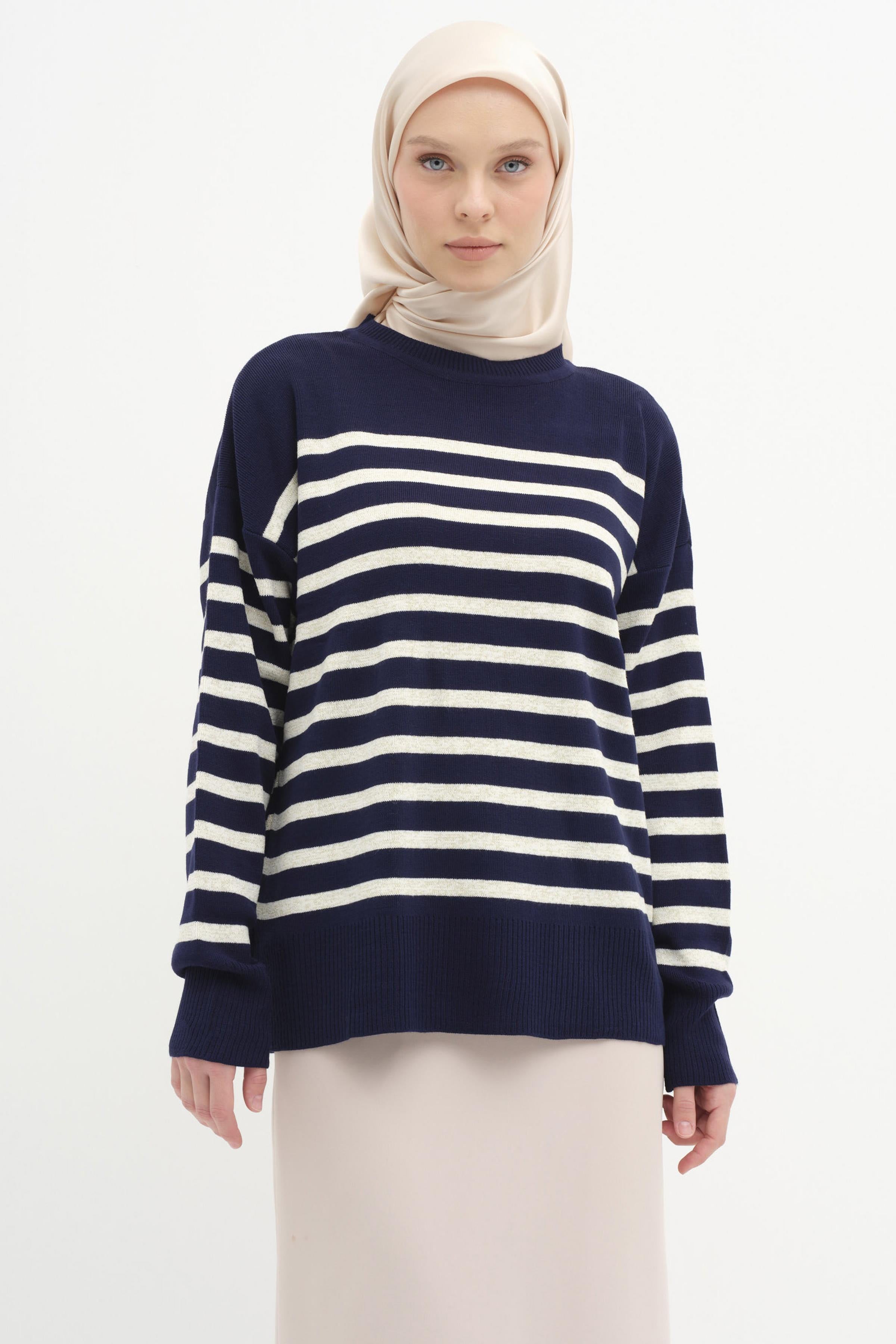 Çizgili Düşük Kol Triko Kazak - Lacivert - Ekru TUGBA