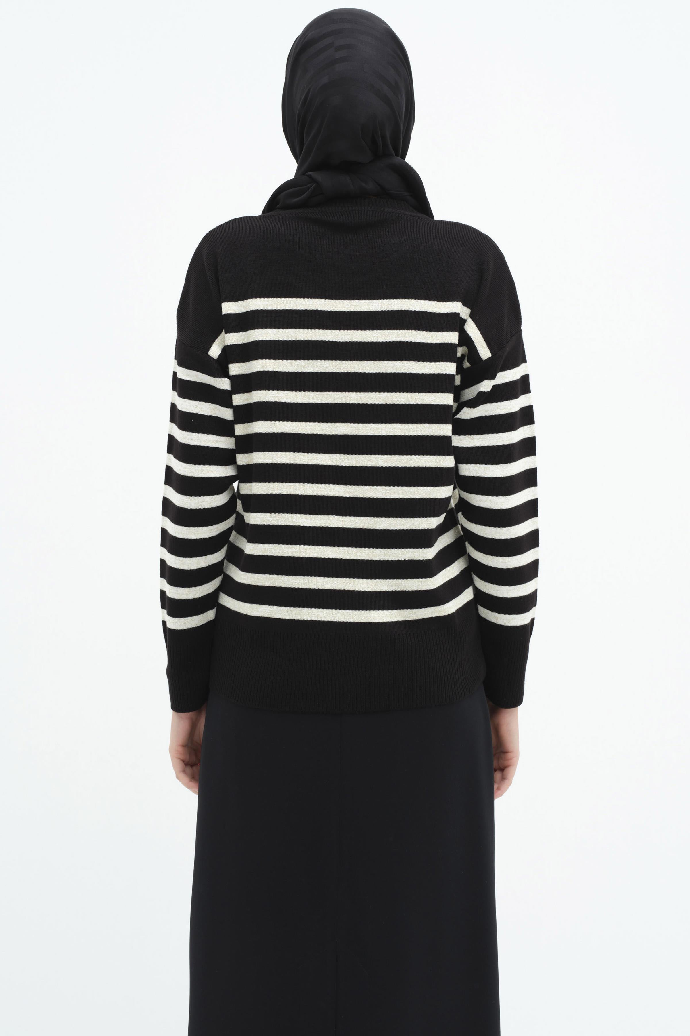 Çizgili Düşük Kol Triko Kazak - Siyah - Ekru TUGBA