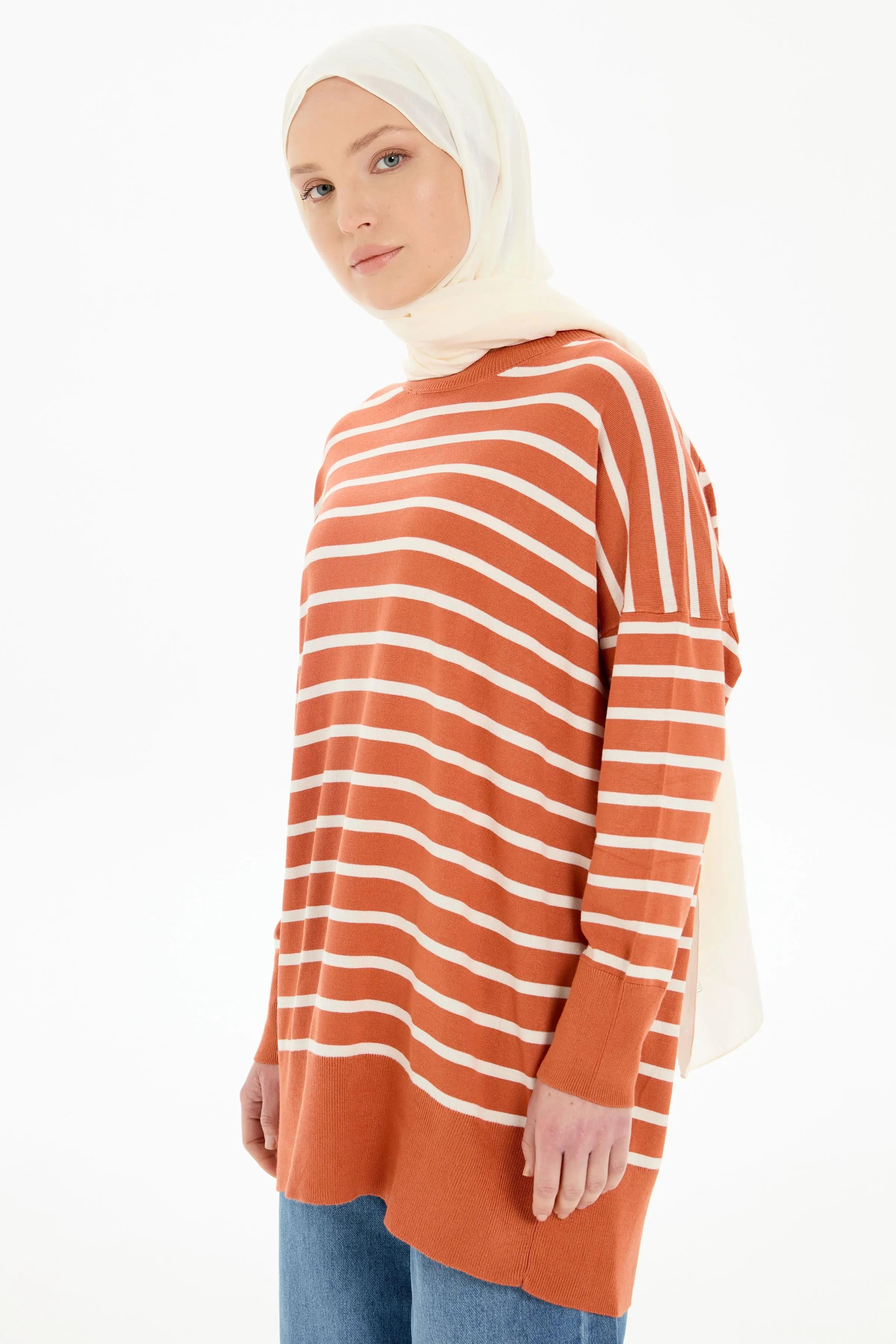 Çizgili Düşük Kol Triko Kazak - Taba - Bej TUGBA