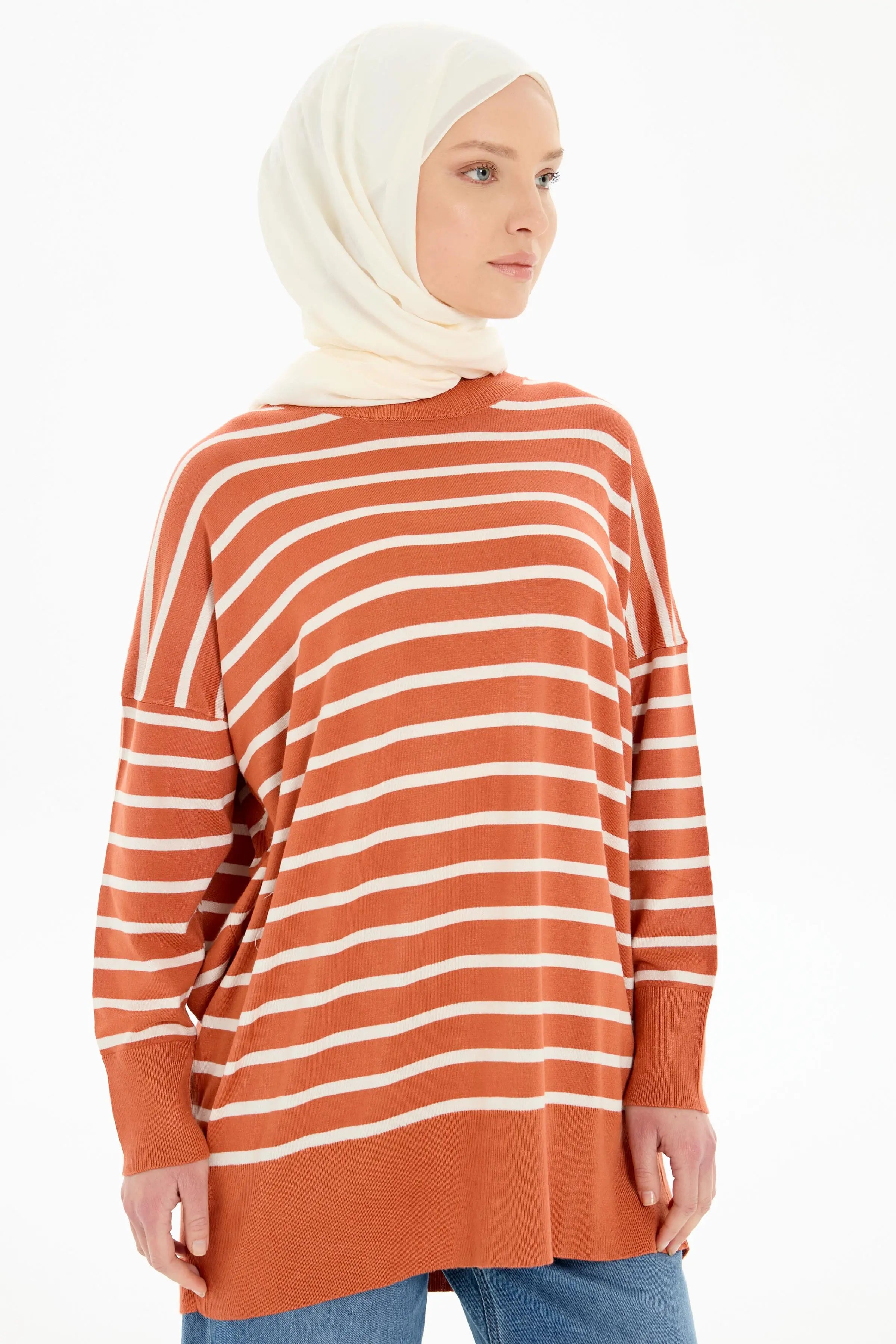 Çizgili Düşük Kol Triko Kazak - Taba - Bej TUGBA