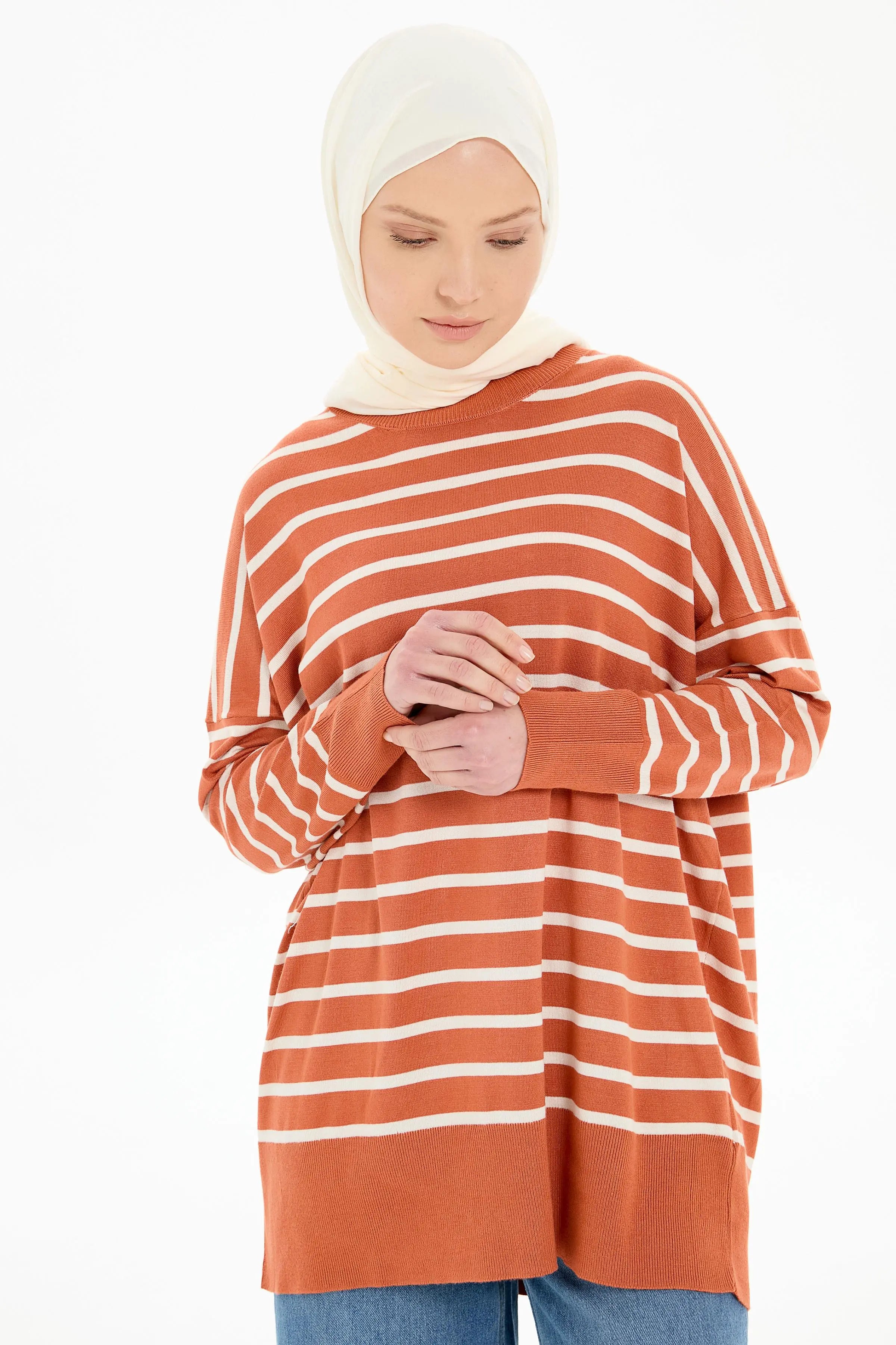 Çizgili Düşük Kol Triko Kazak - Taba - Bej TUGBA