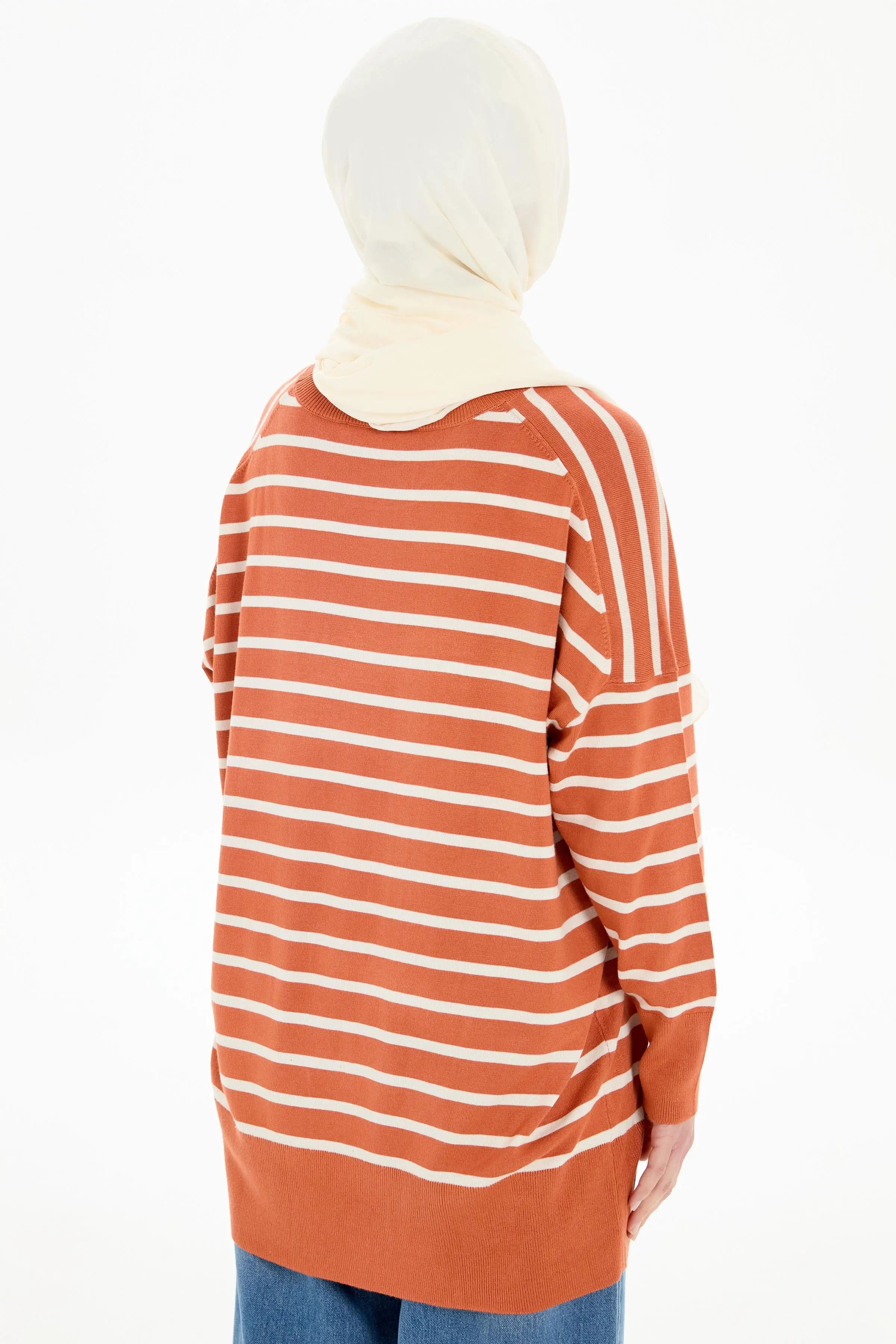 Çizgili Düşük Kol Triko Kazak - Taba - Bej TUGBA