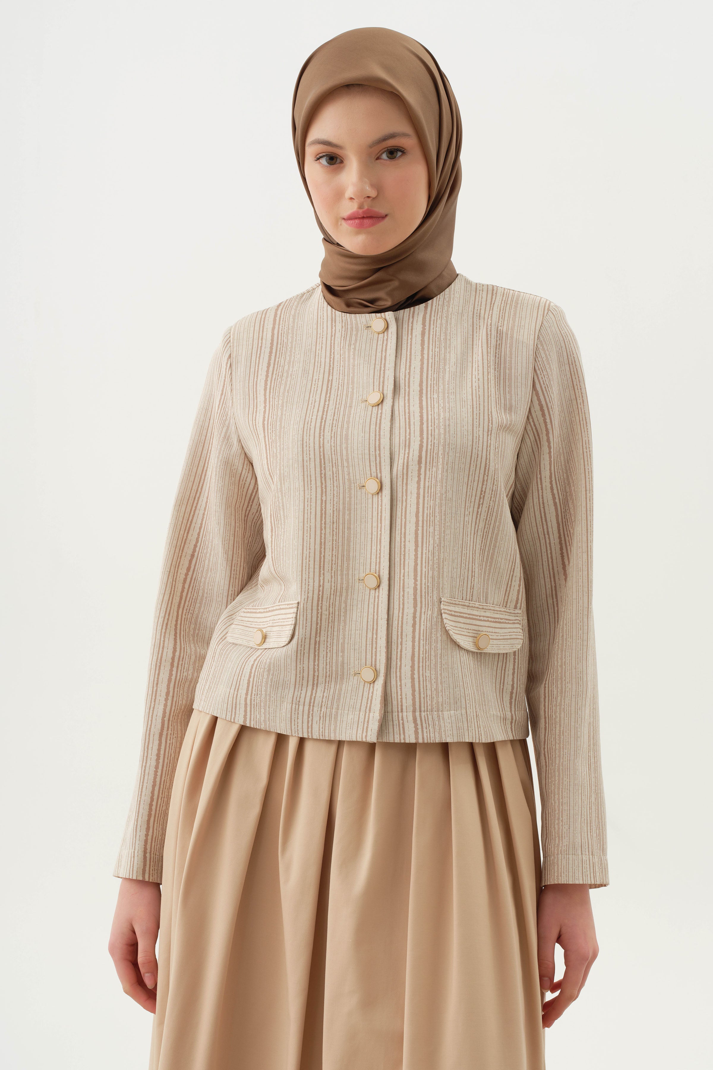 Çizgili Mini Ceket - Bej TUGBA