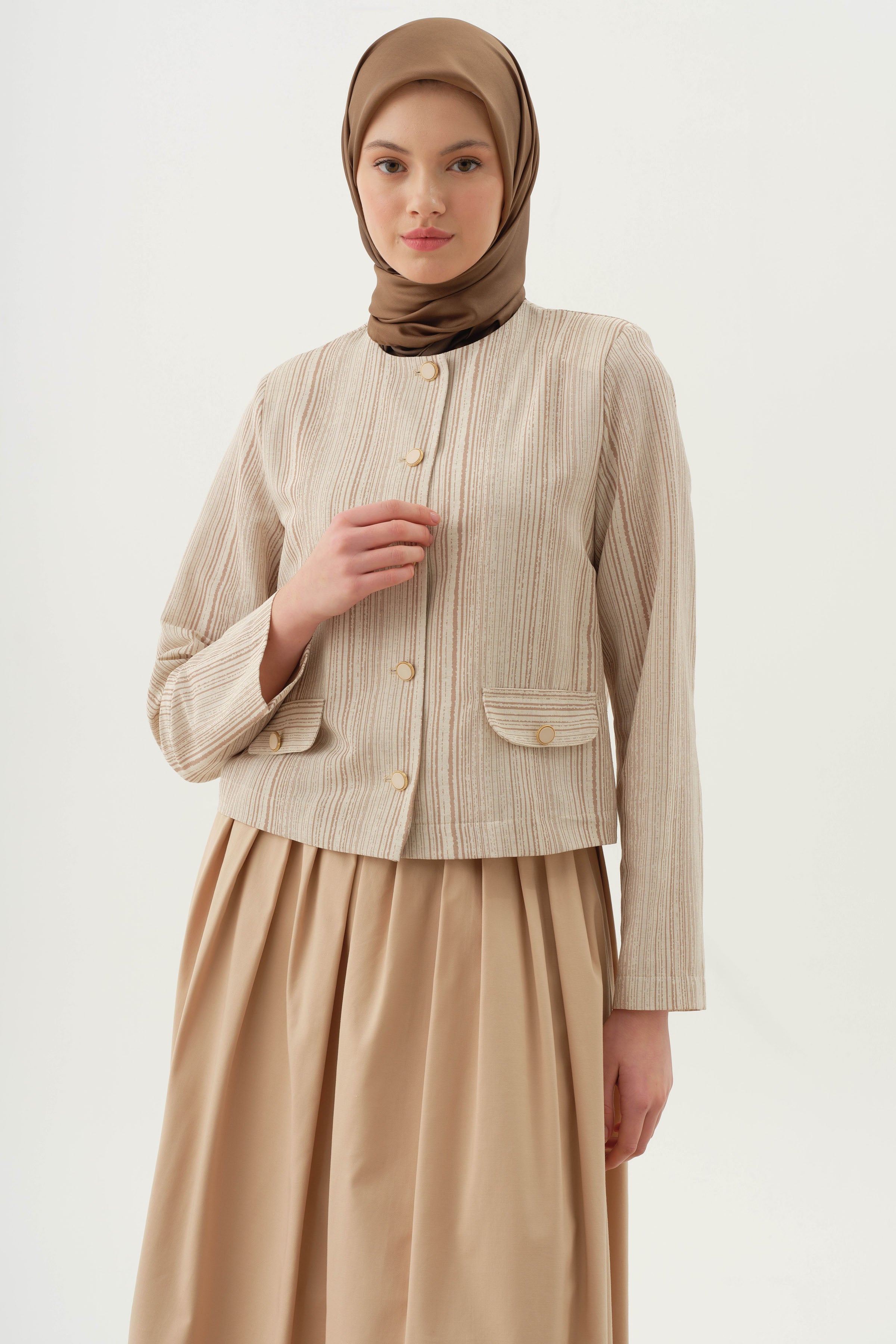 Çizgili Mini Ceket - Bej TUGBA