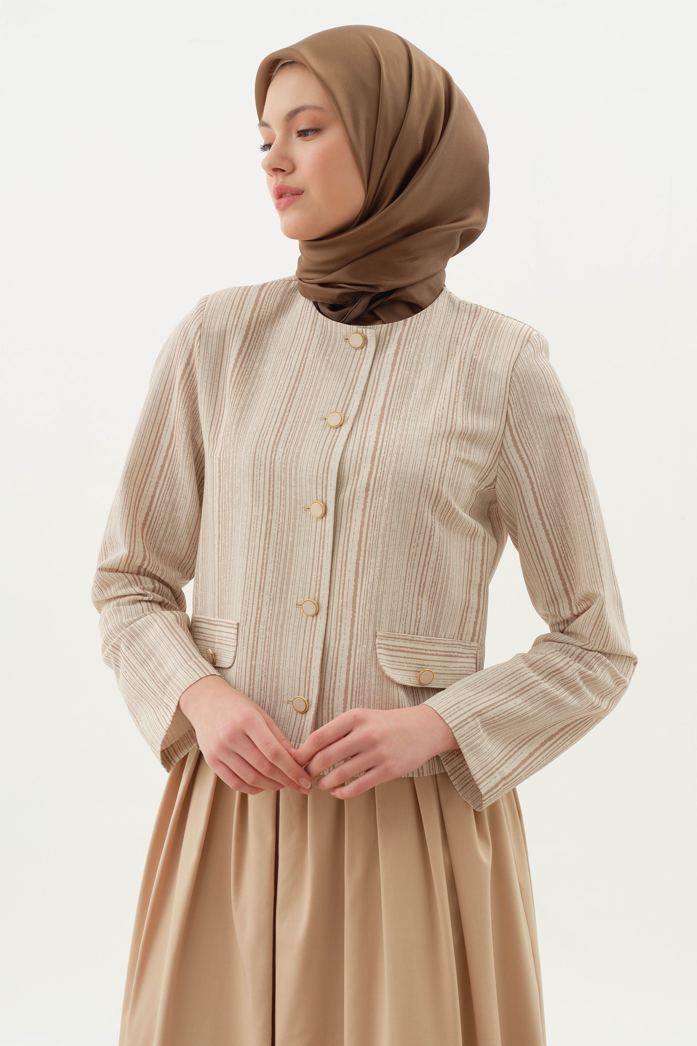 Çizgili Mini Ceket - Bej TUGBA