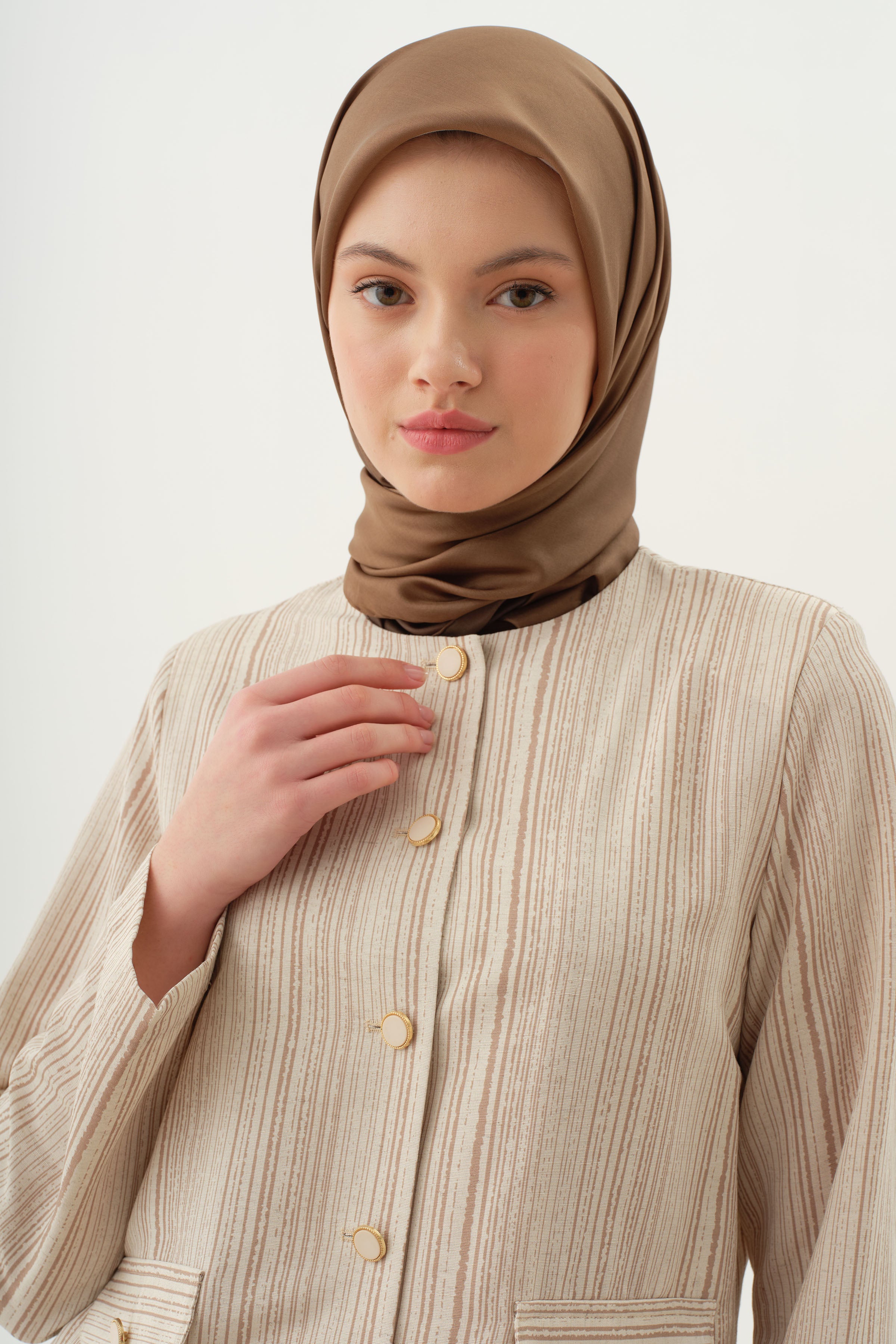 Çizgili Mini Ceket - Bej TUGBA