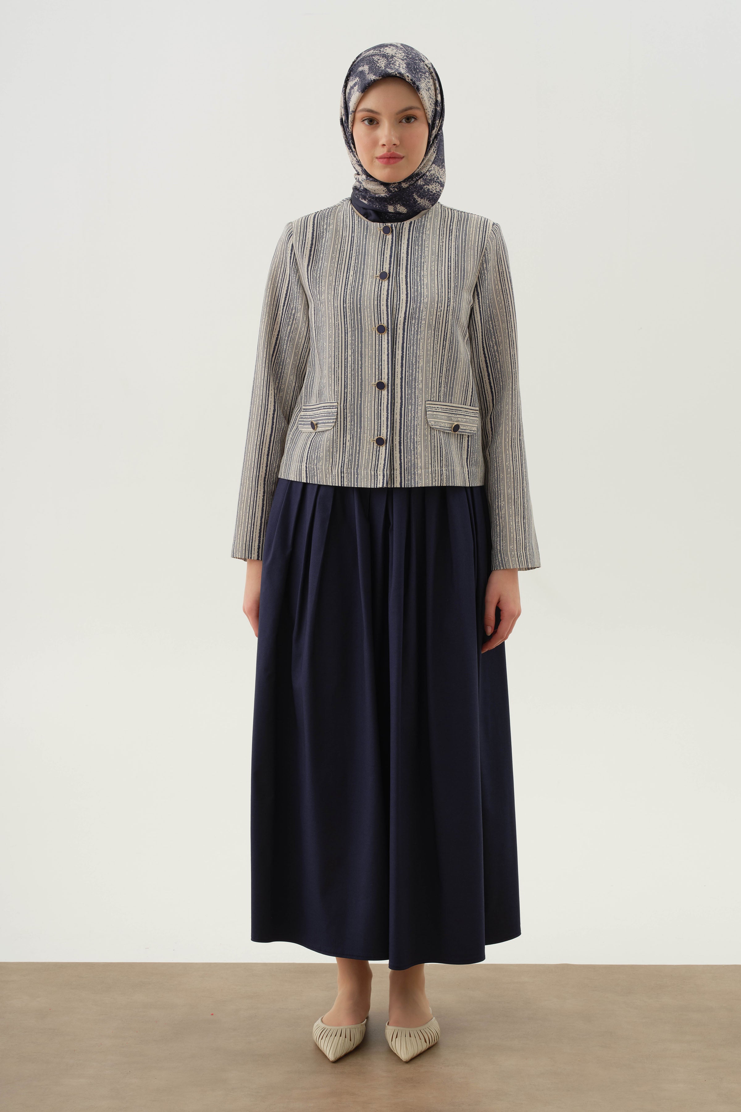 Çizgili Mini Ceket - İndigo TUGBA