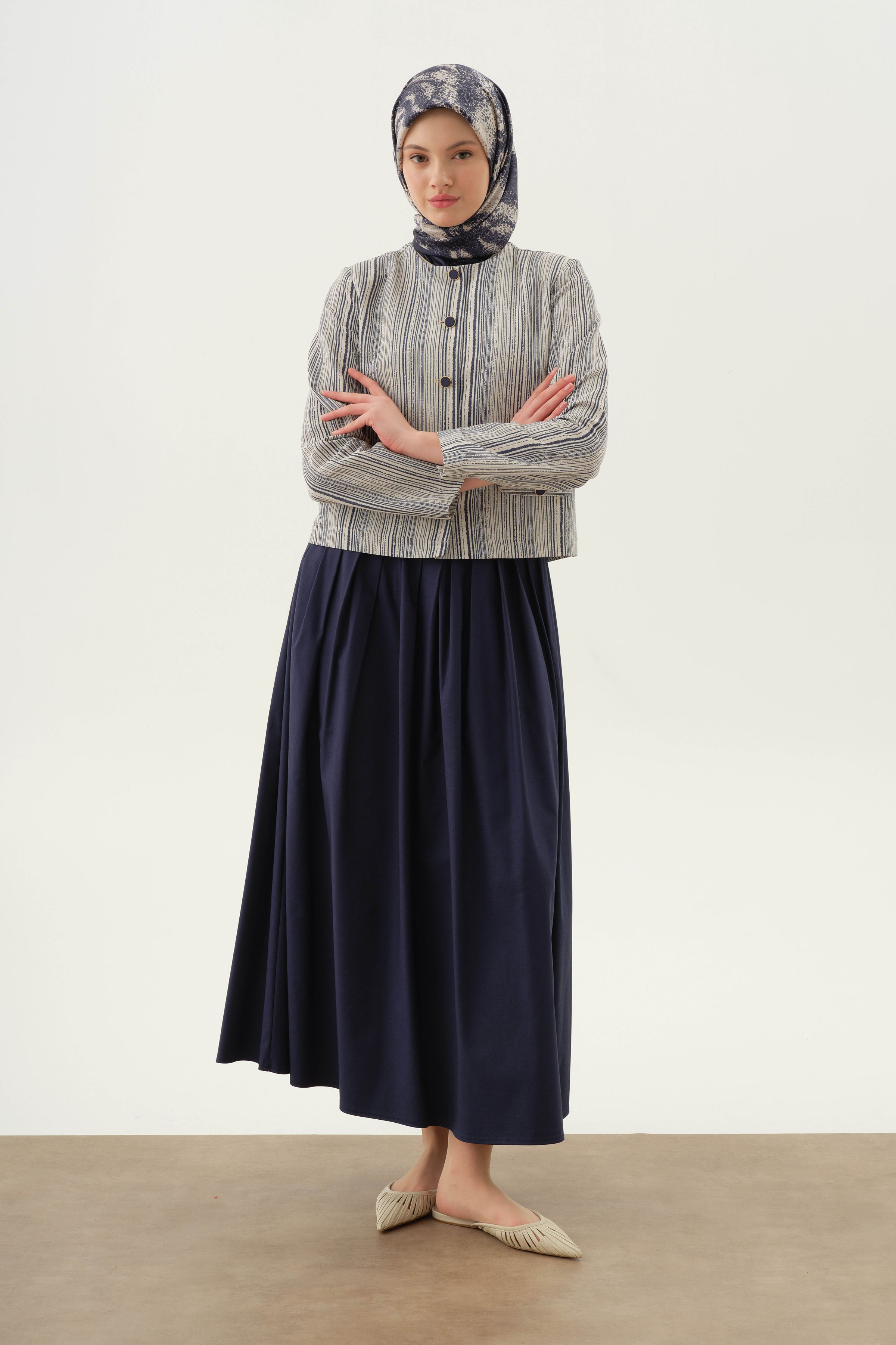 Çizgili Mini Ceket - İndigo TUGBA