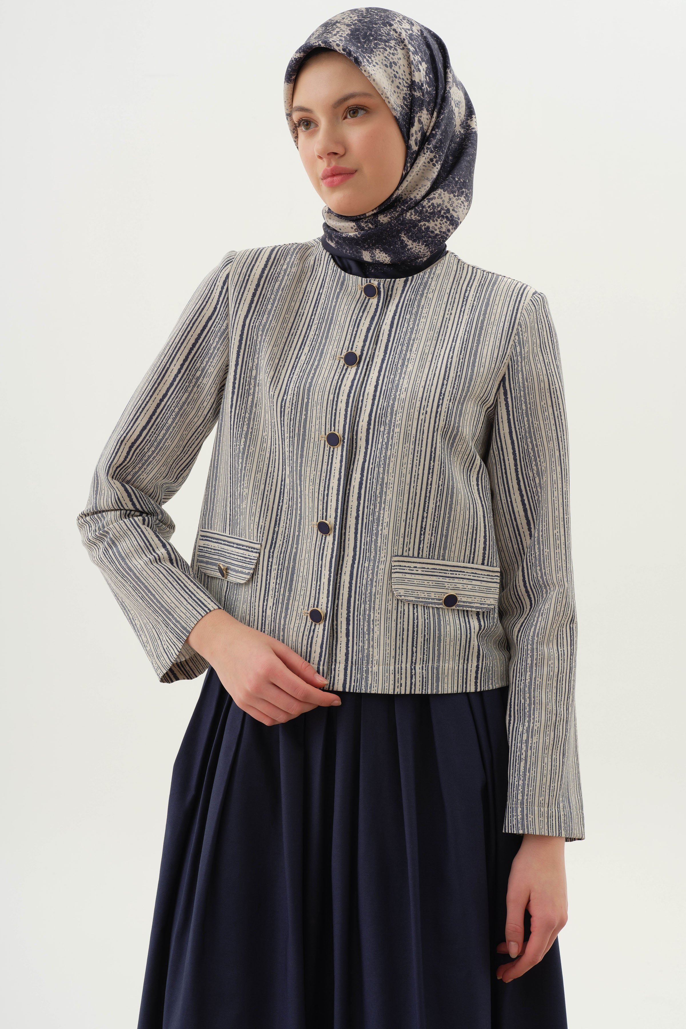 Çizgili Mini Ceket - İndigo TUGBA