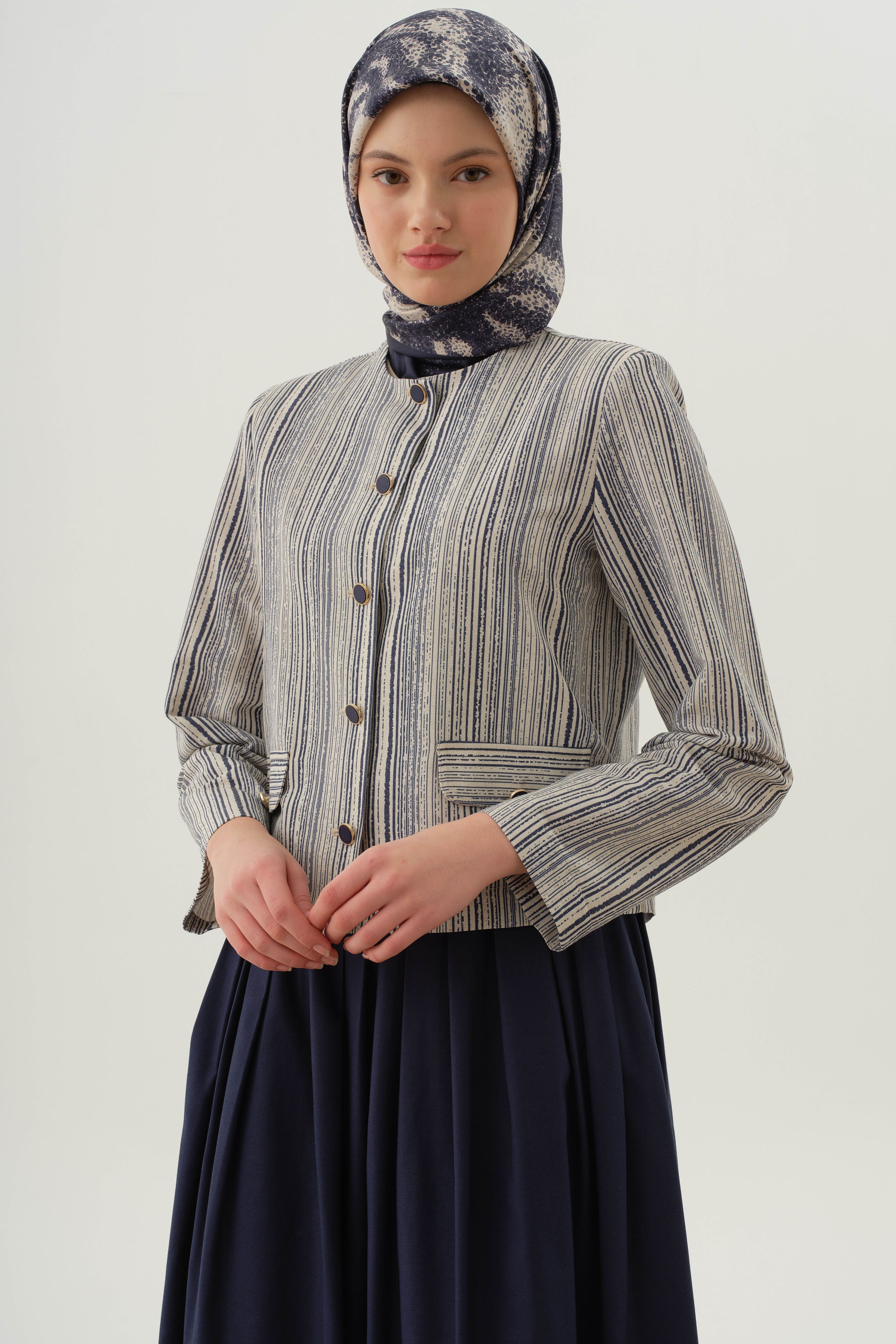 Çizgili Mini Ceket - İndigo TUGBA