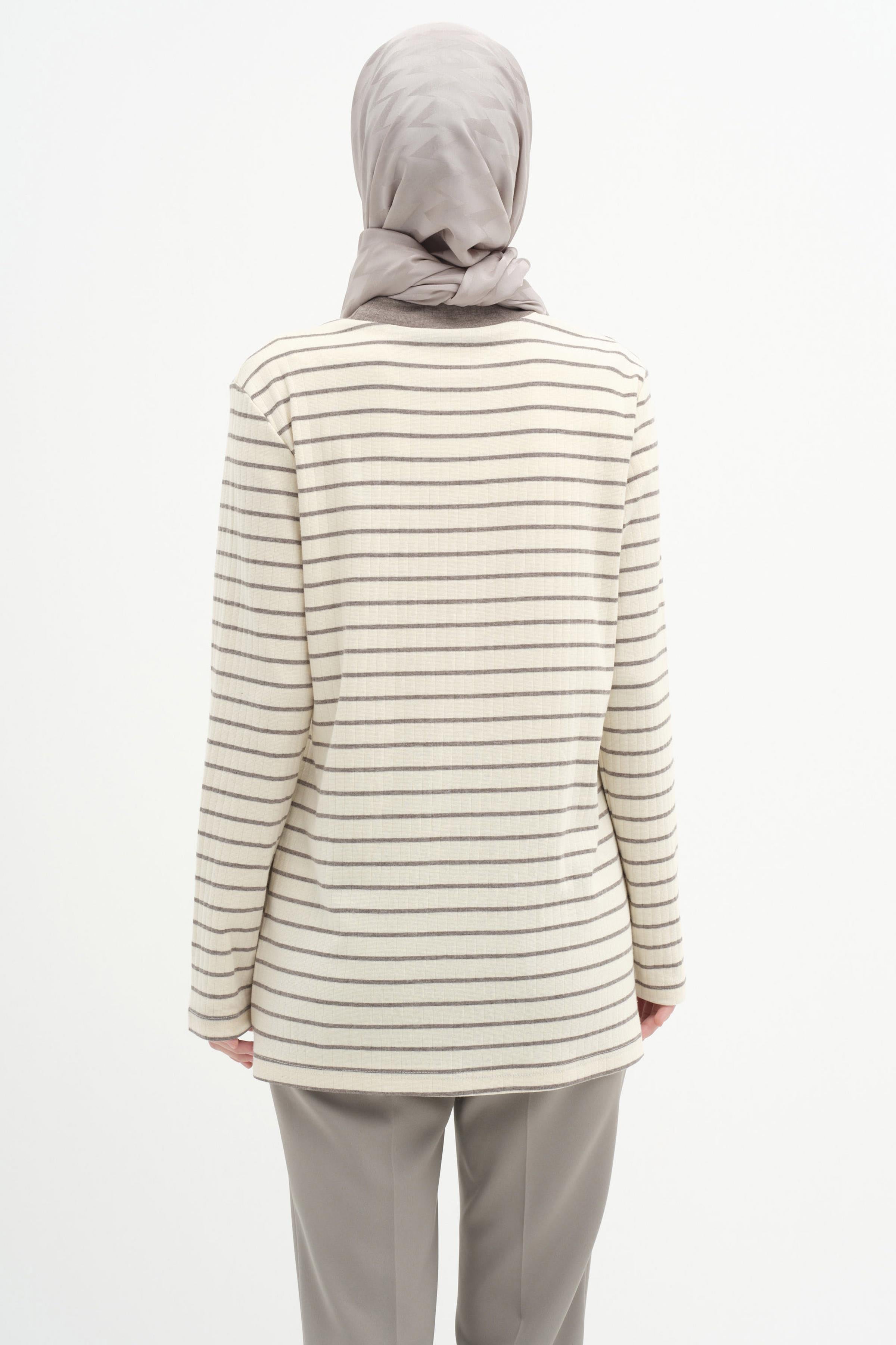 Çizgili Örme Bluz - Vizon TUGBA