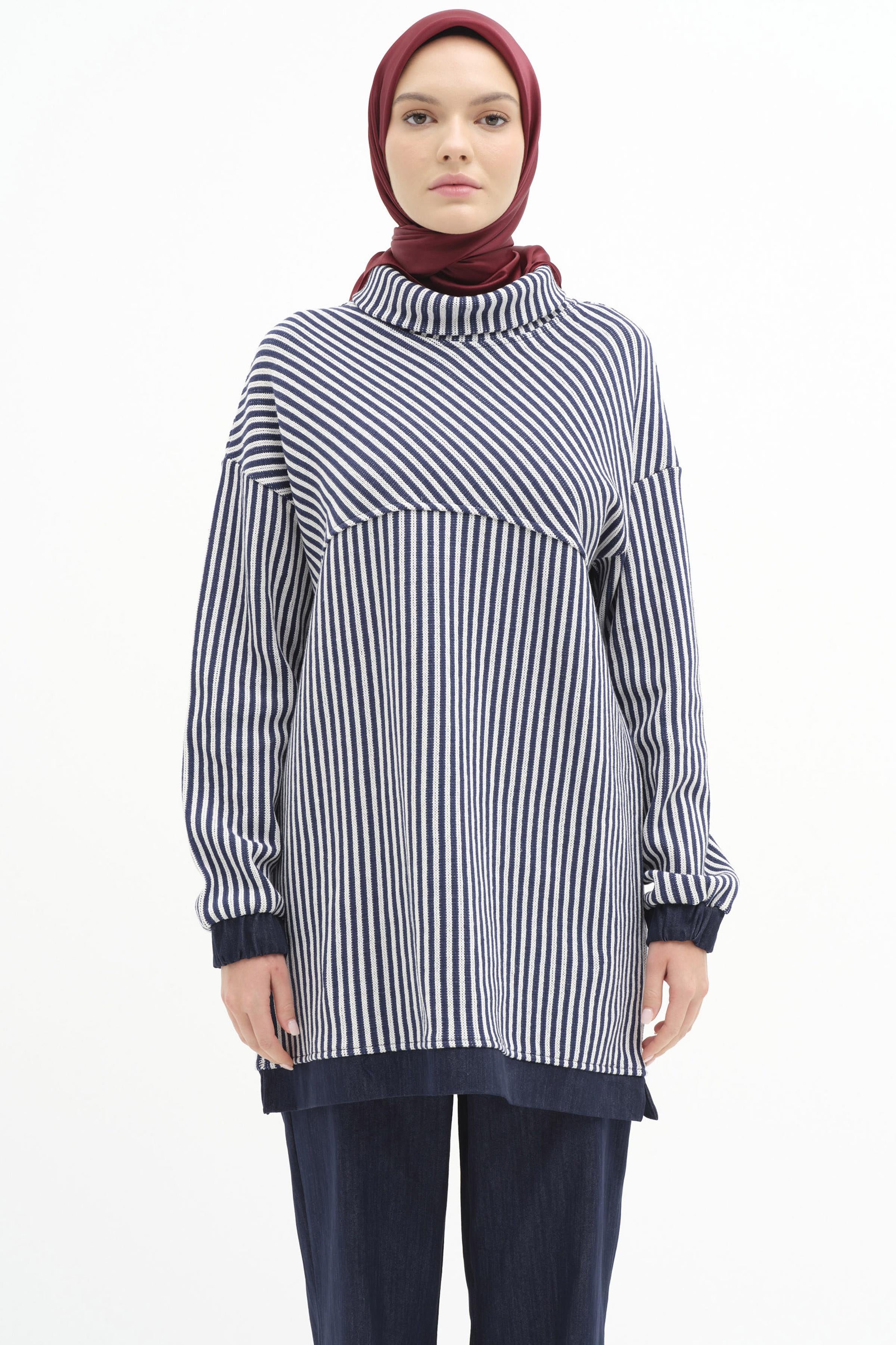 Çizgili Tunik Pantolon Takım - İndigo TUGBA