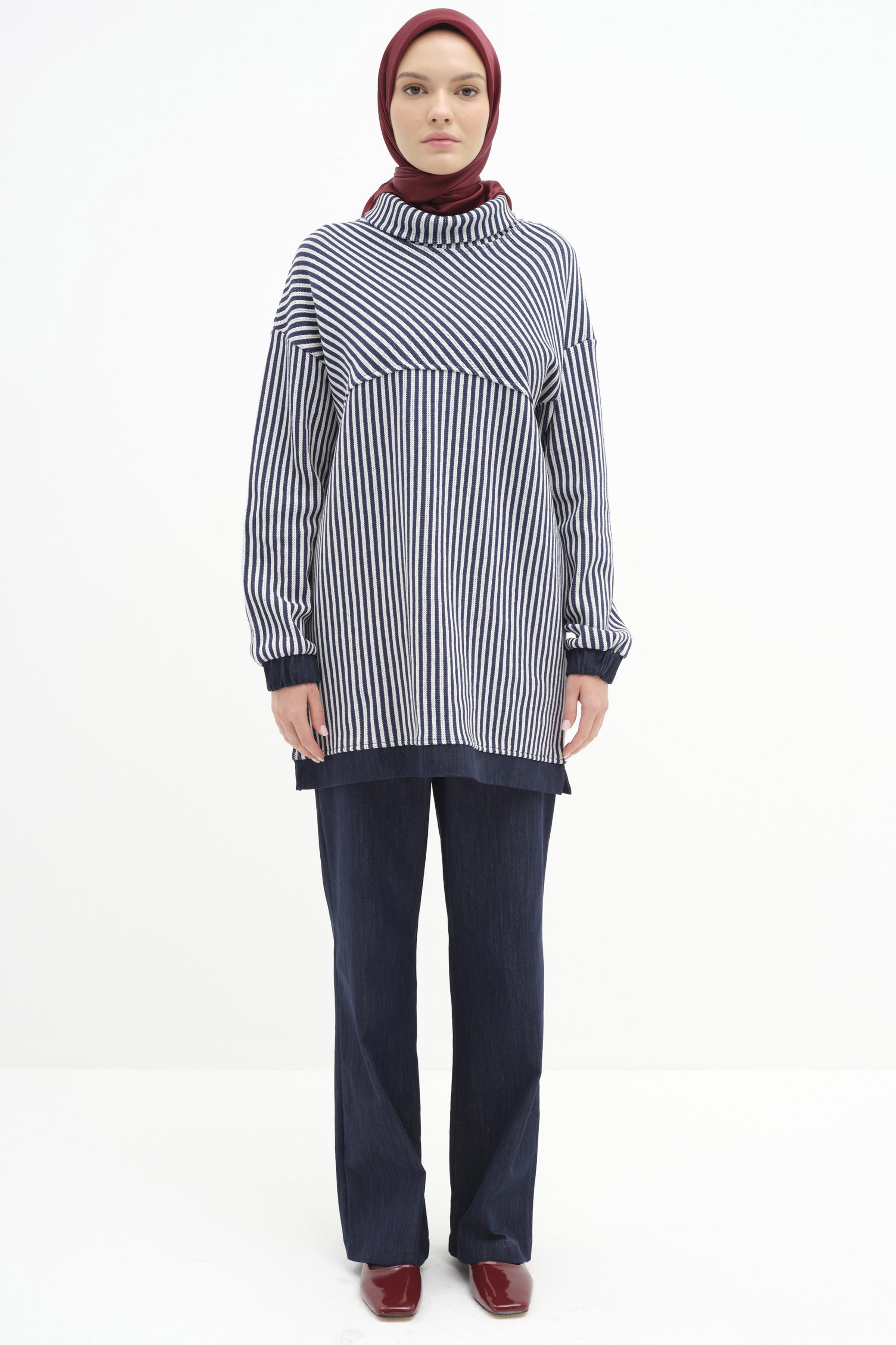 Çizgili Tunik Pantolon Takım - İndigo TUGBA