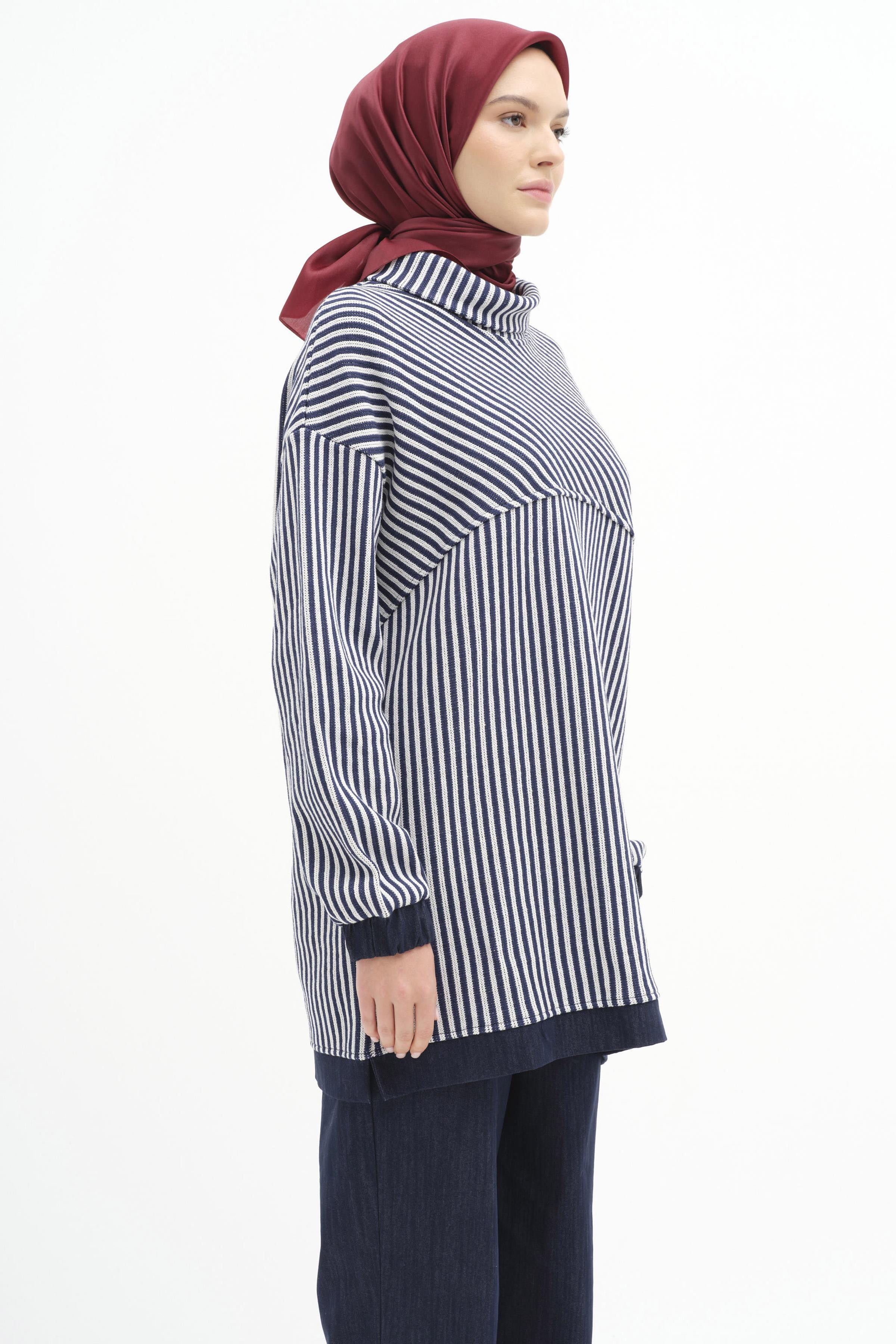 Çizgili Tunik Pantolon Takım - İndigo TUGBA
