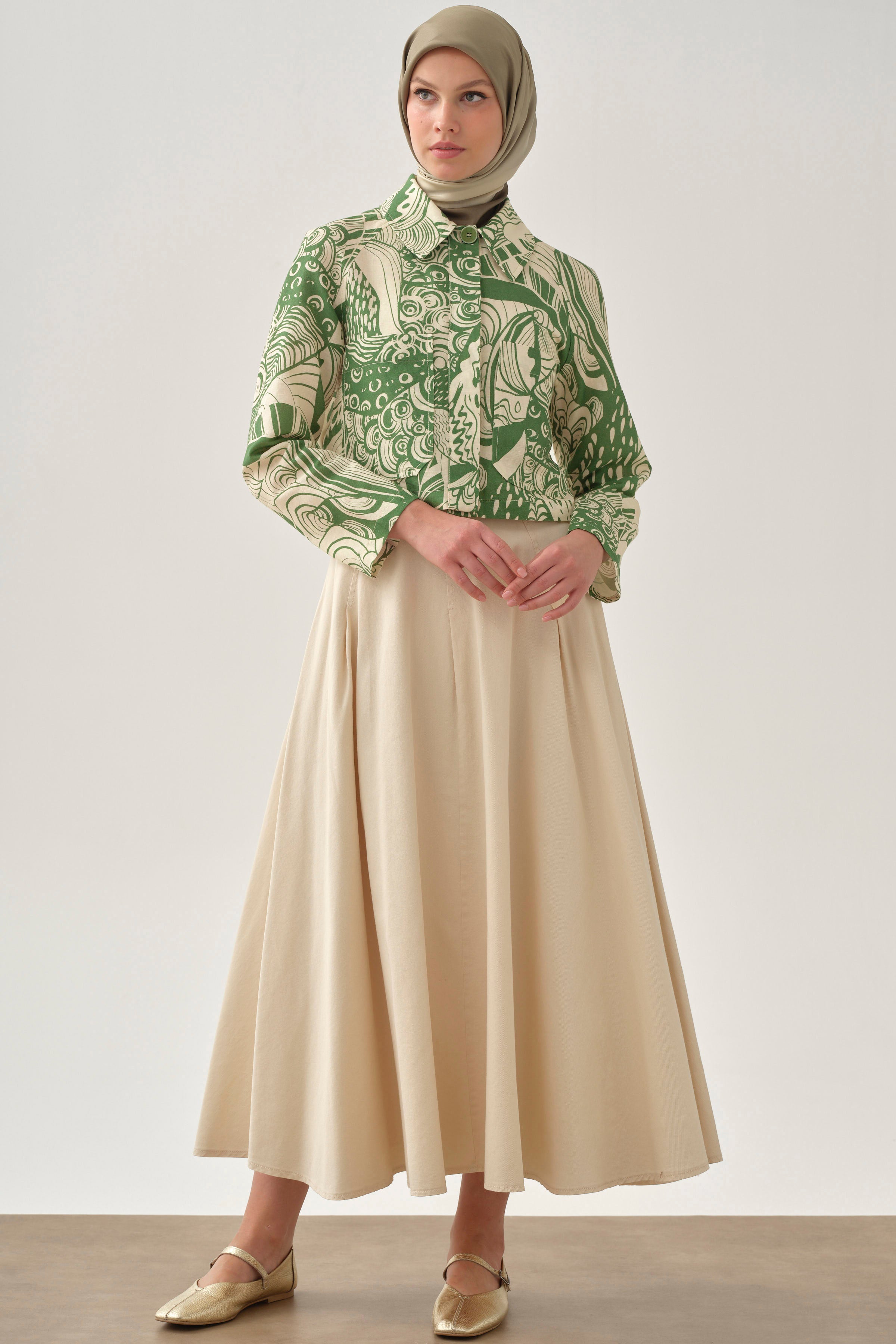 Crop Ceketli İnce Pile Detaylı Etekli Takım - Haki TUGBA