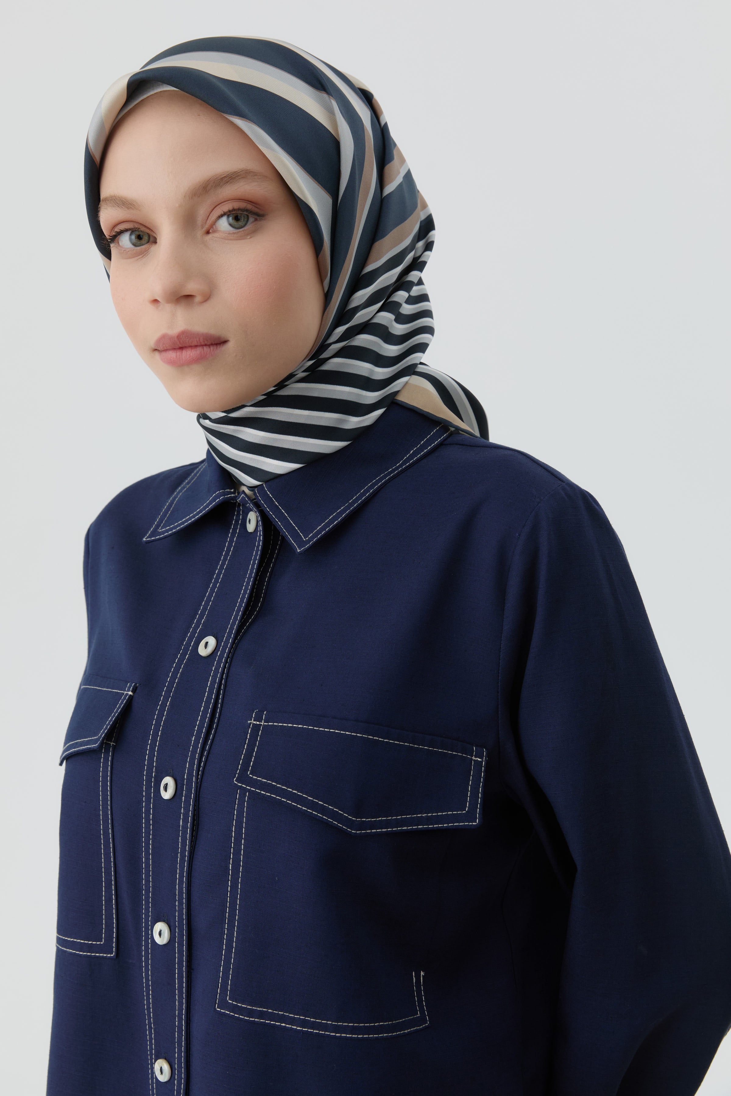 Çubuk Desenli Twill İpek Eşarp - Açık Mavi TUGBA