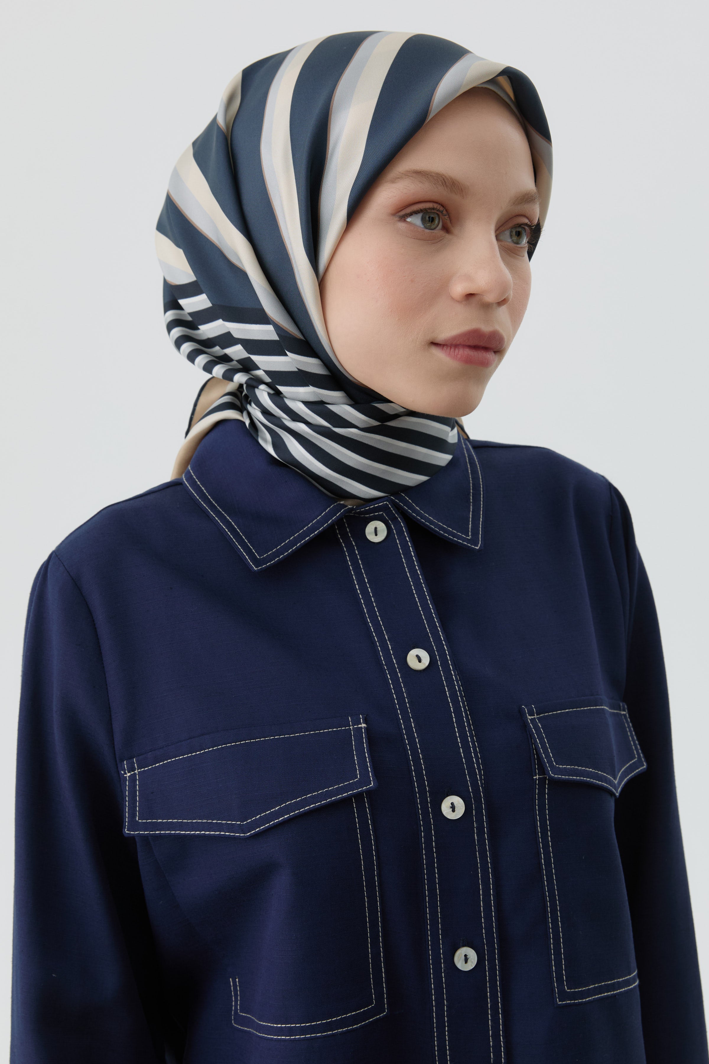 Çubuk Desenli Twill İpek Eşarp - Açık Mavi TUGBA