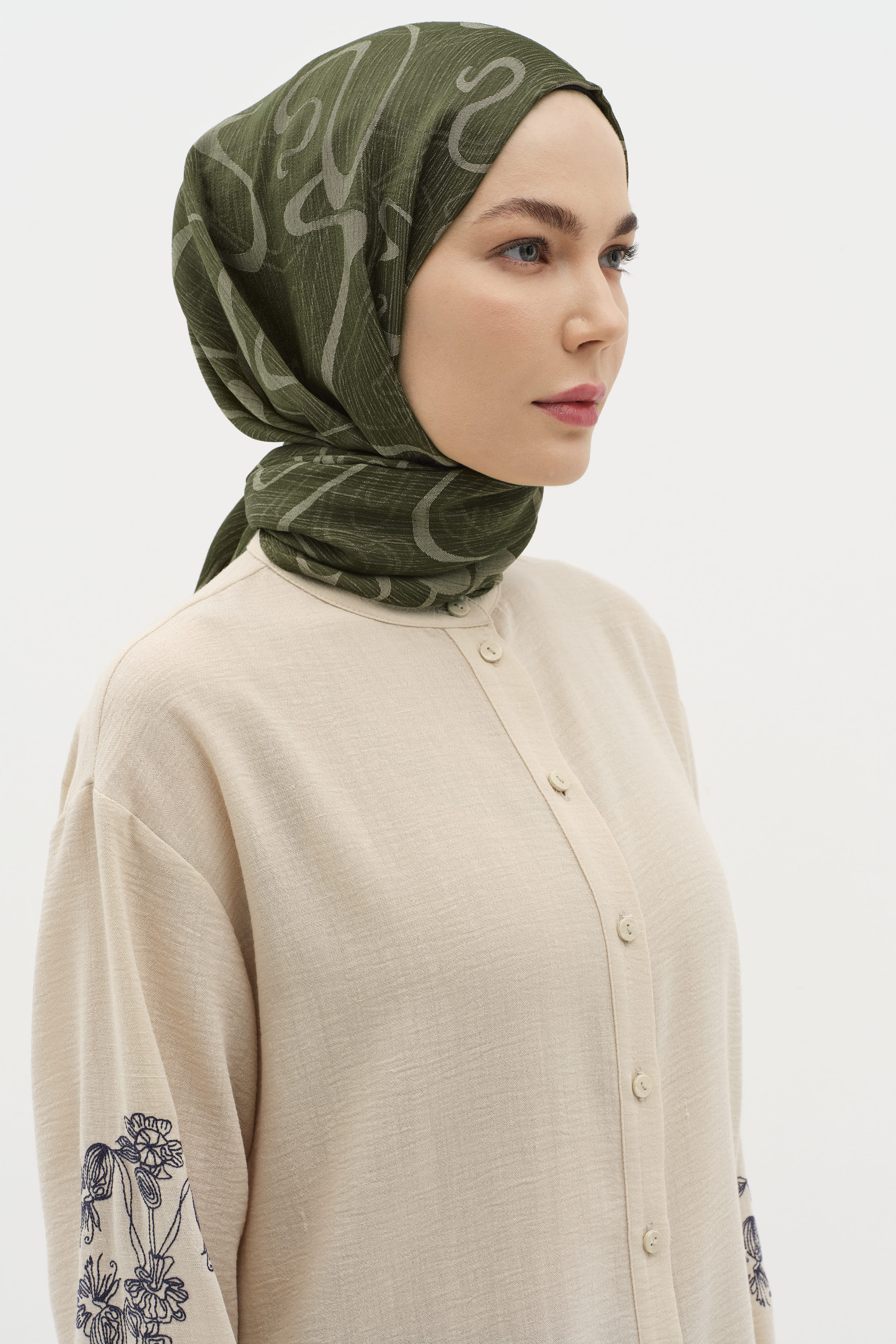 Dalga Desenli Floş Şal - Haki TUĞBA