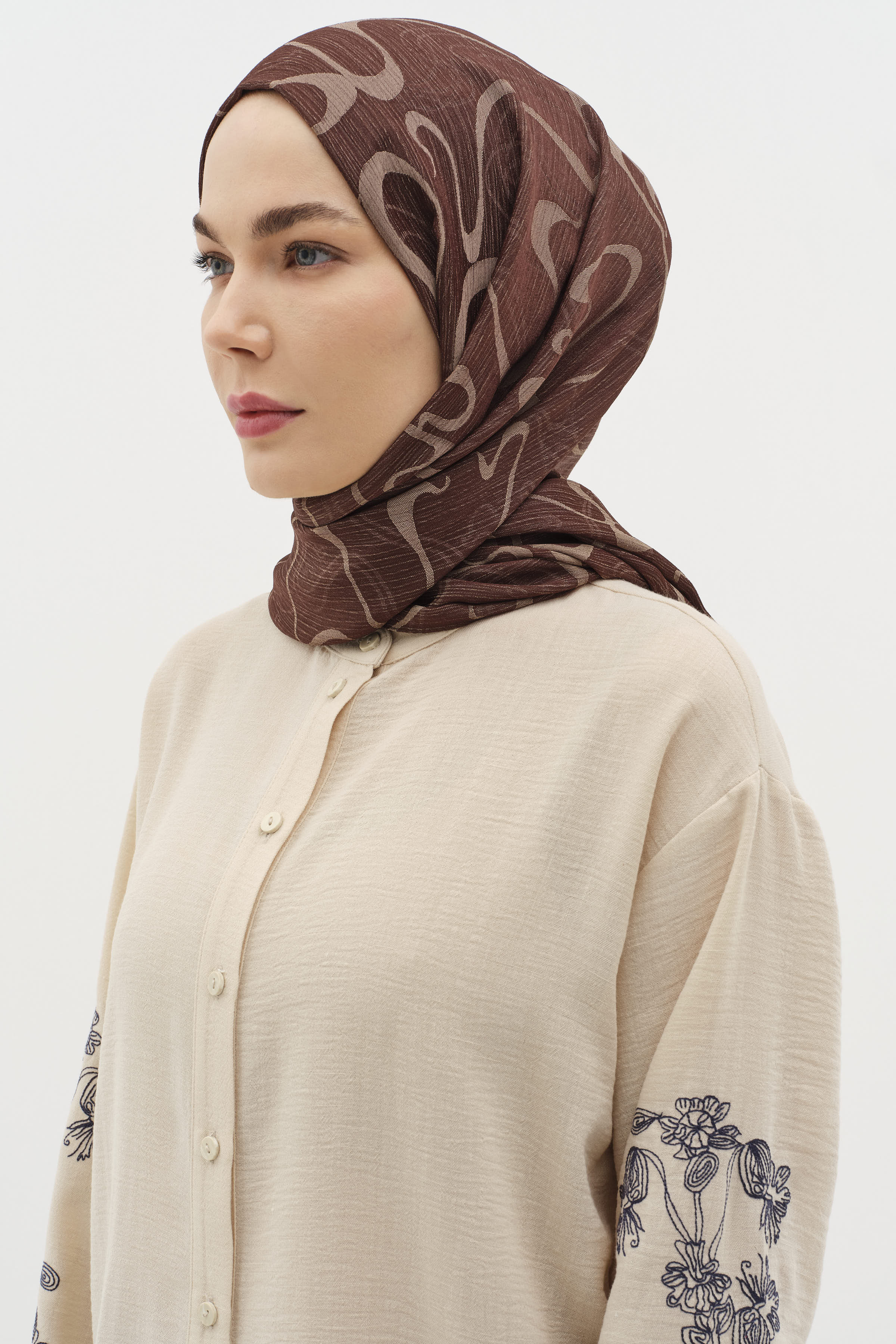 Dalga Desenli Floş Şal - Kahve TUĞBA