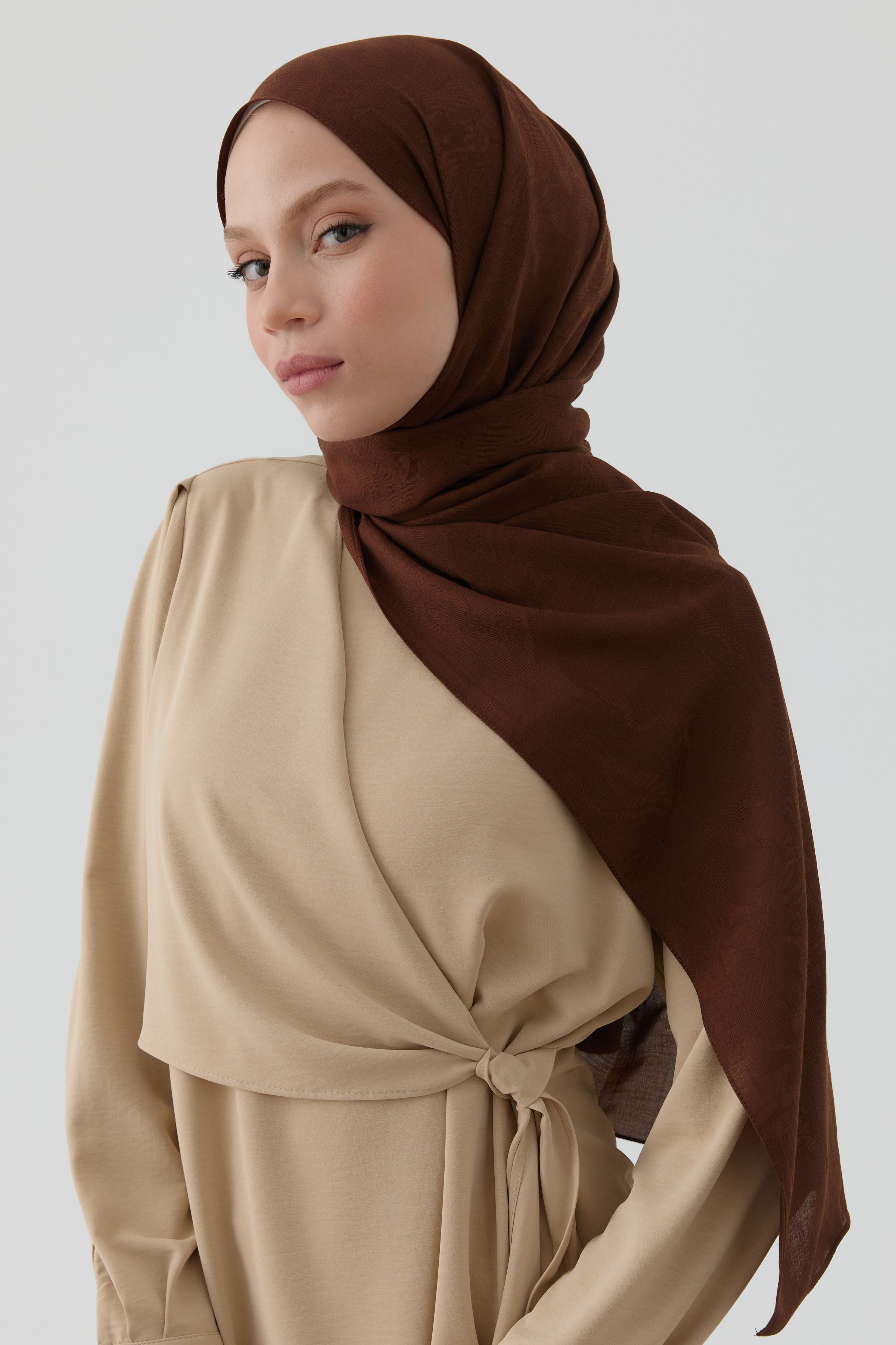 Dalgasal Desen Pamuk Şal - Kahve TUGBA