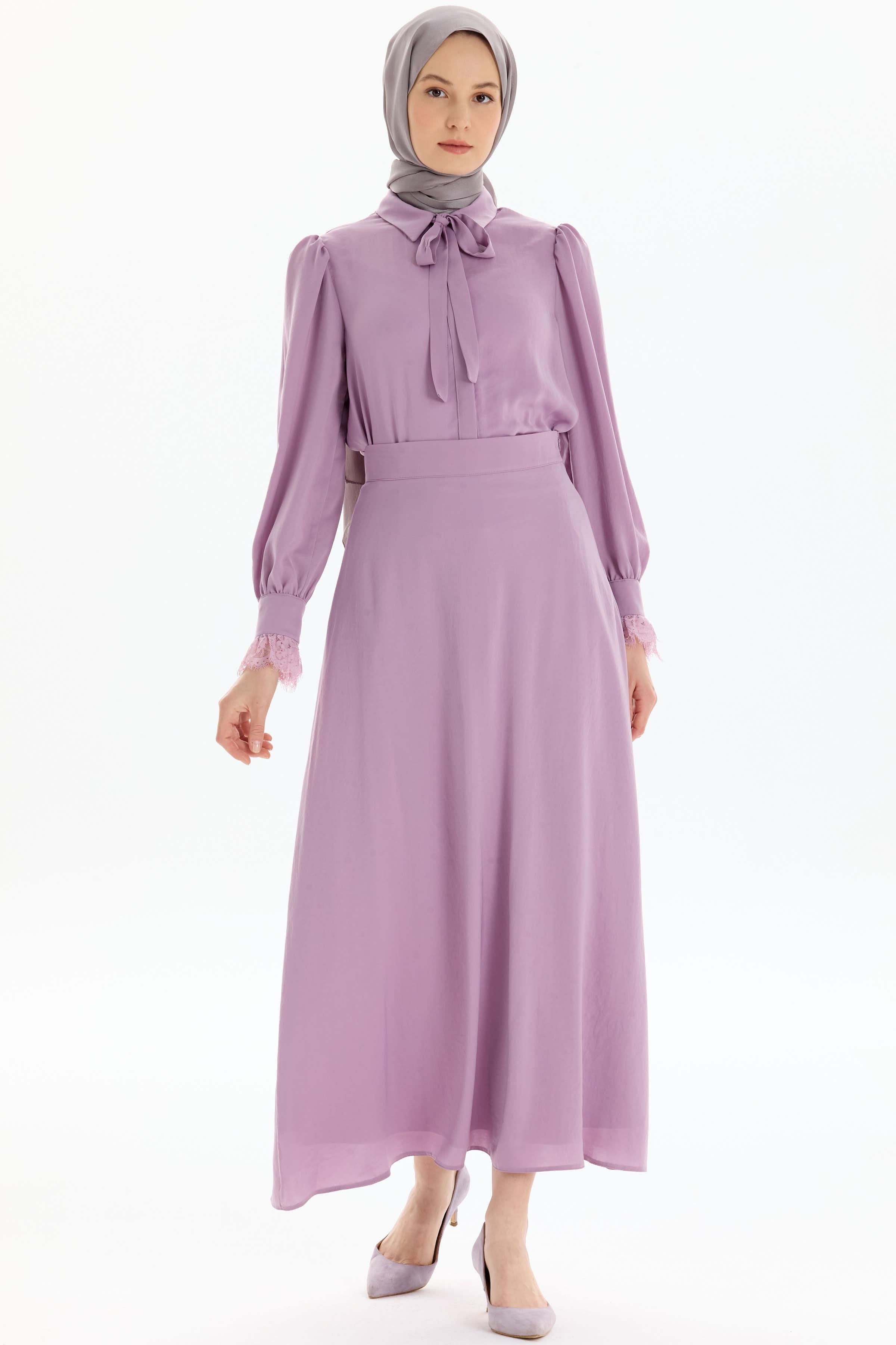 Dantel Detaylı Gömlek Etek Takım - Lila TUGBA