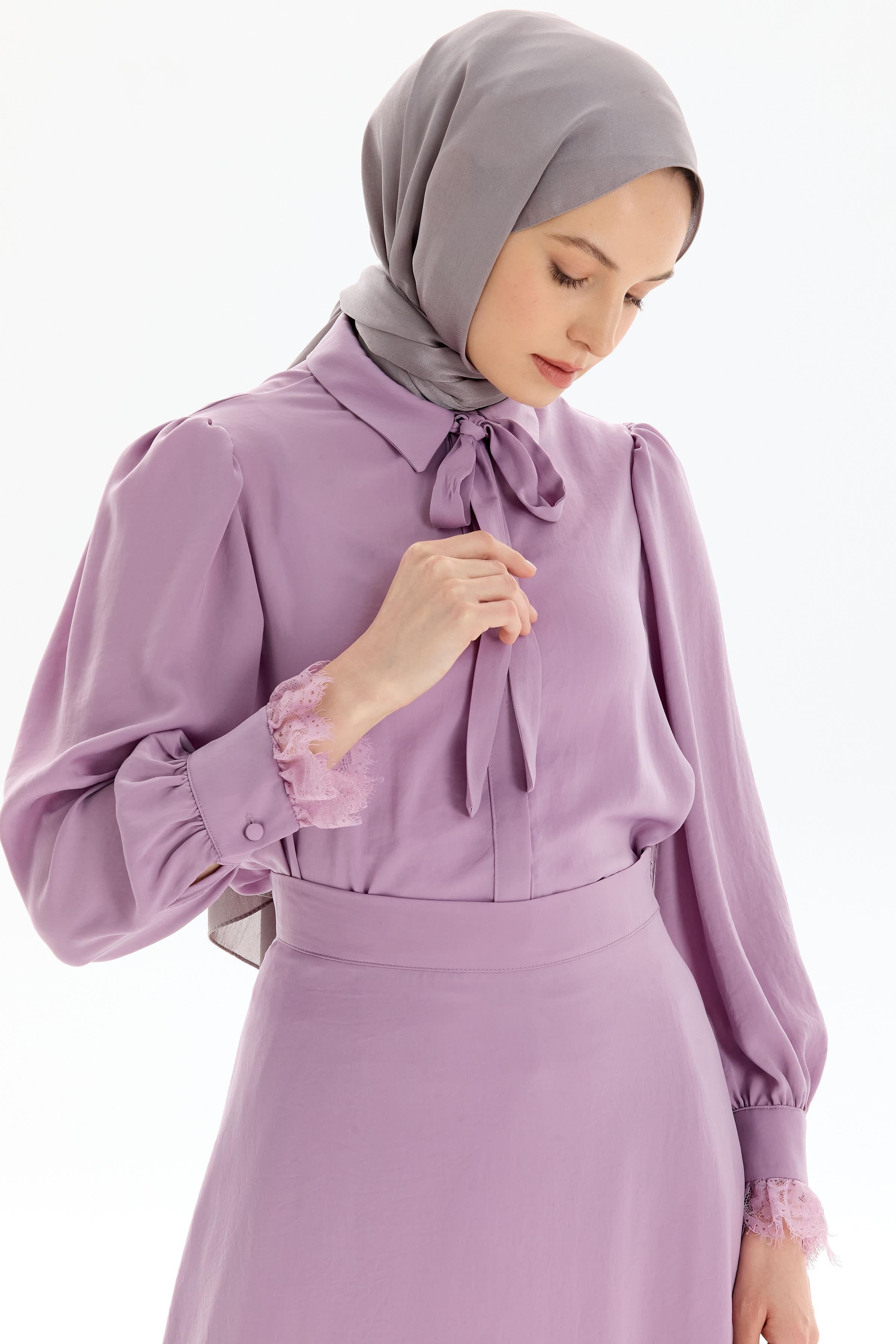 Dantel Detaylı Gömlek Etek Takım - Lila TUGBA