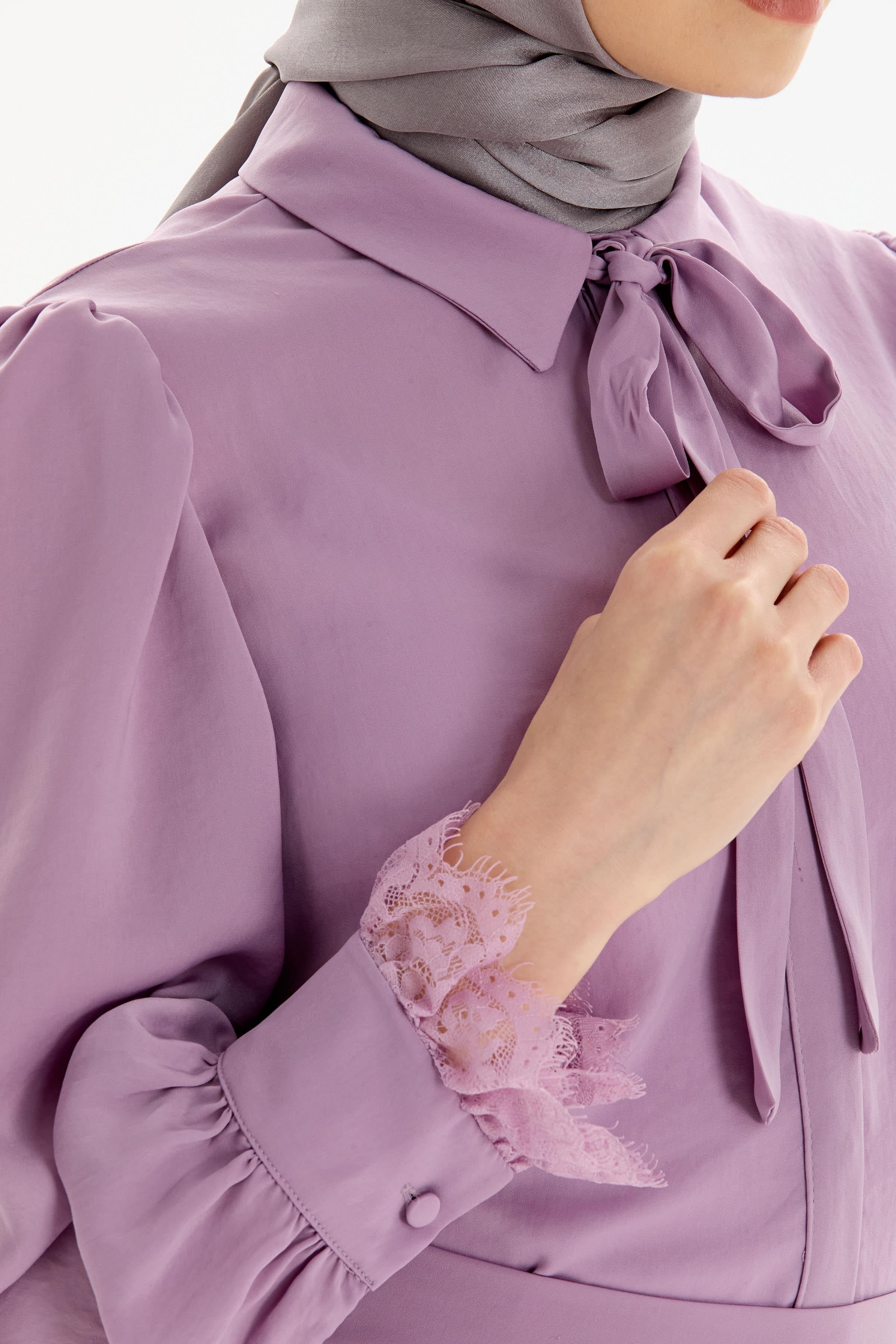 Dantel Detaylı Gömlek Etek Takım - Lila TUGBA