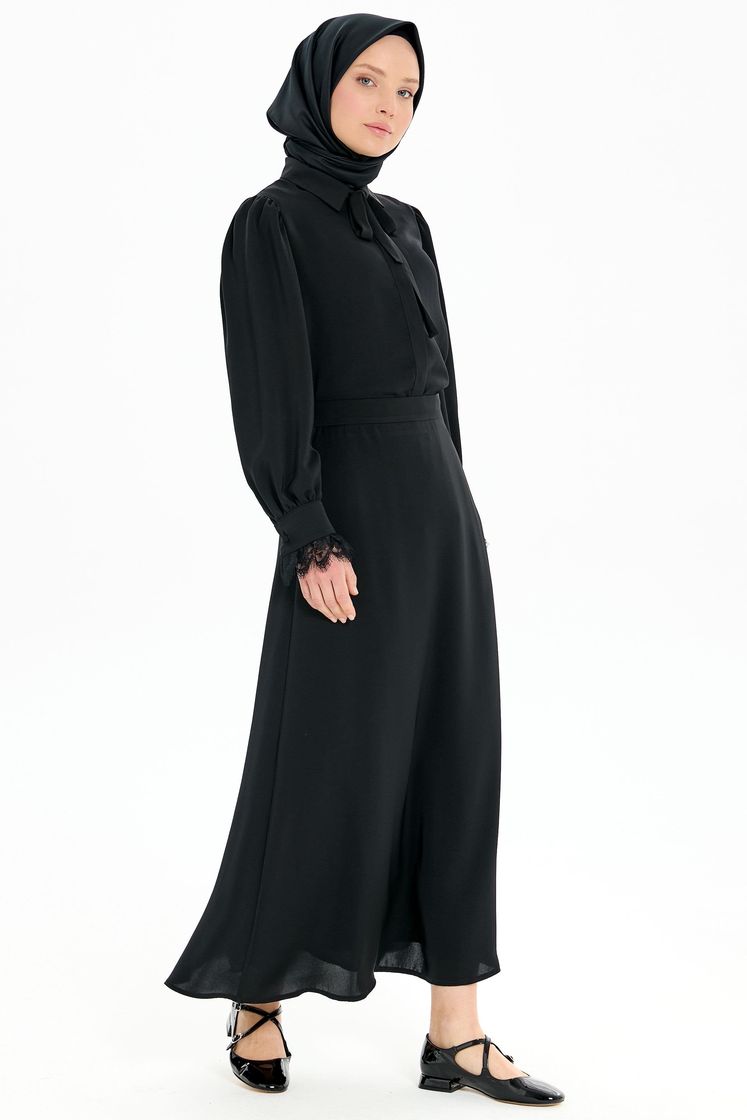 Dantel Detaylı Gömlek Etek Takım - Siyah TUGBA