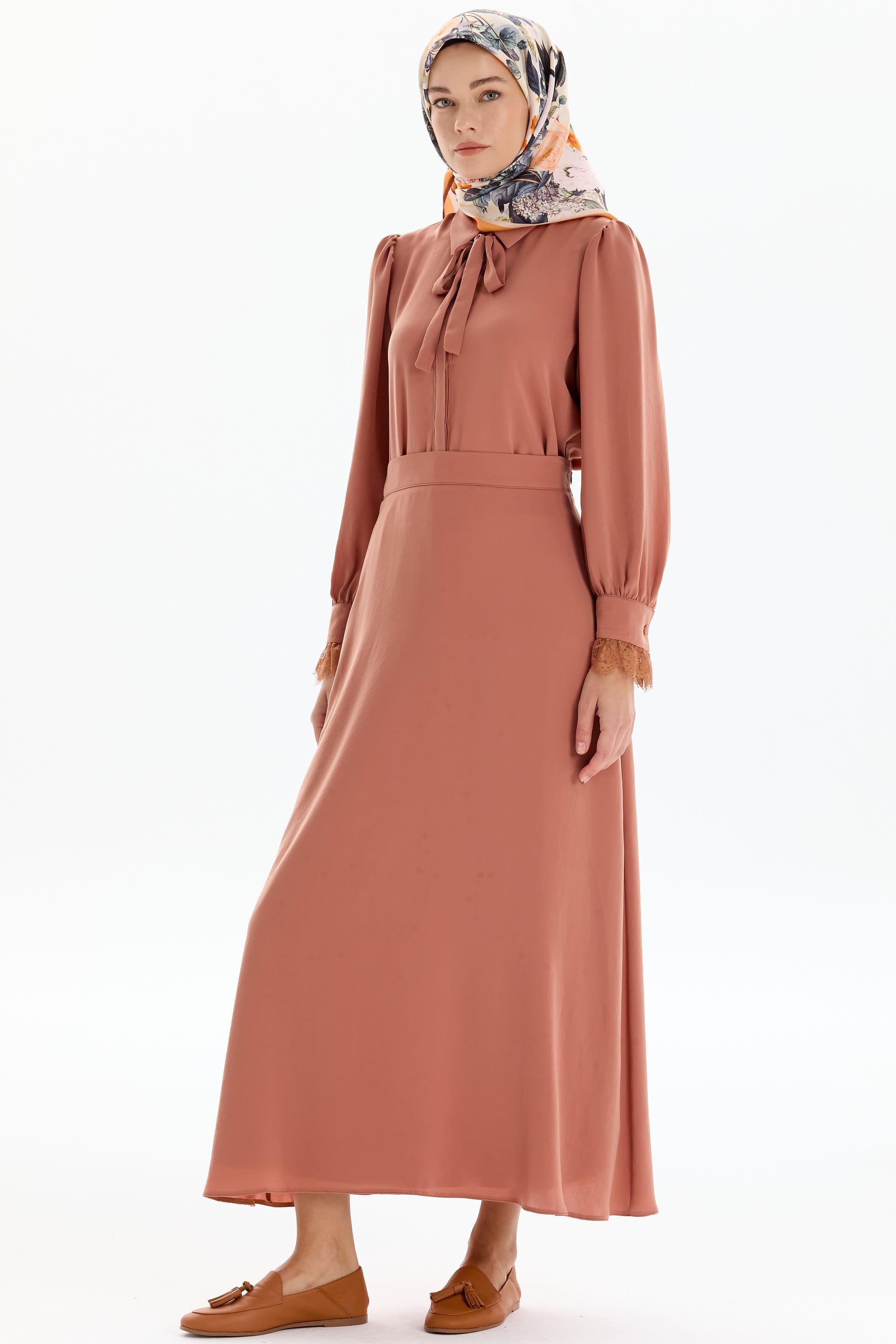 Dantel Detaylı Gömlek Etek Takım - Taba TUGBA