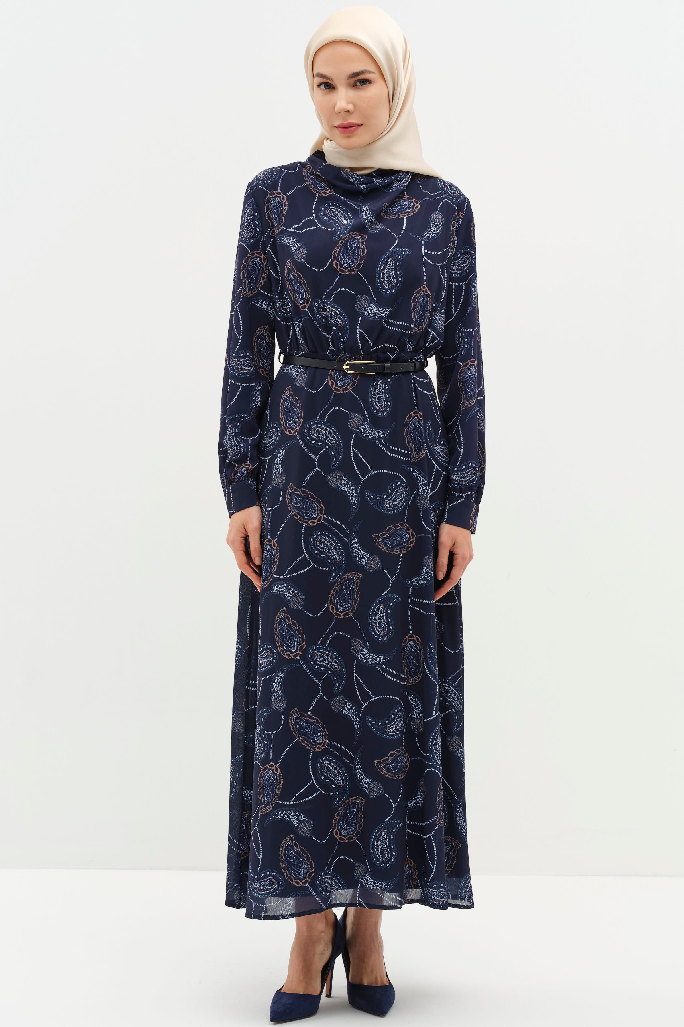 Degaje Yakalı Desenli Elbise - Lacivert TUGBA