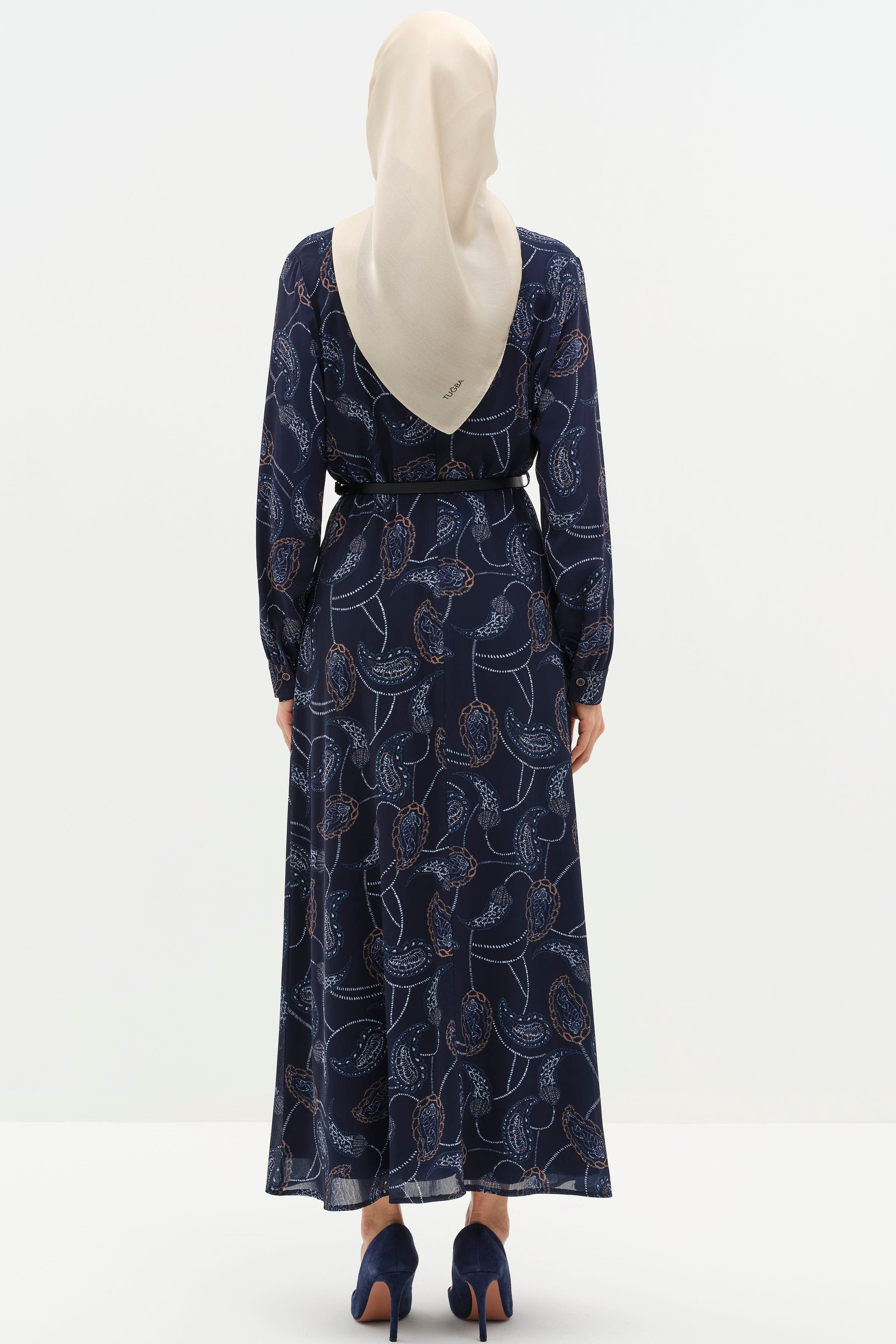 Degaje Yakalı Desenli Elbise - Lacivert TUGBA