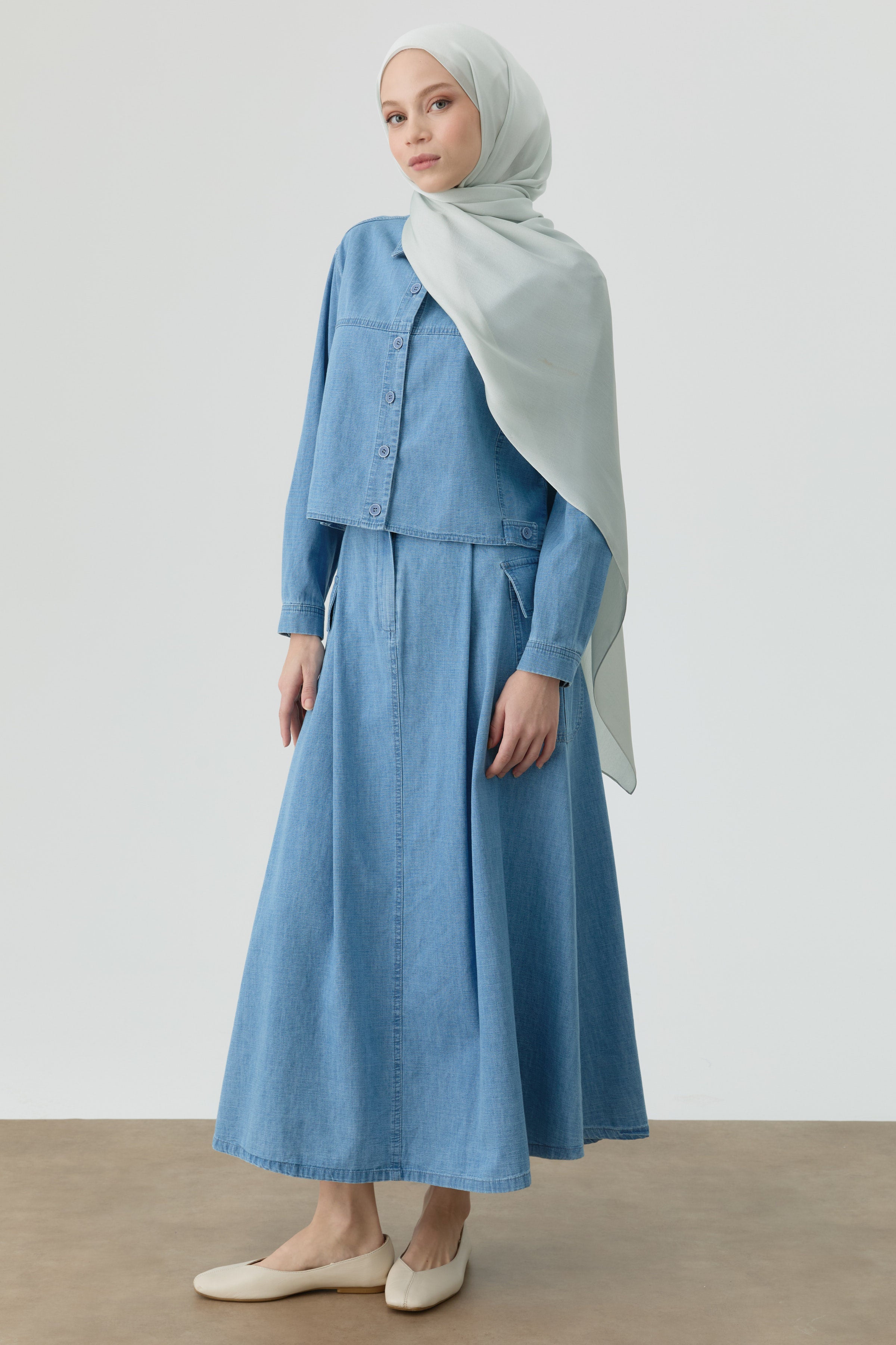 Denim Büyük Cepli Pileli Etek - Açık Mavi TUGBA