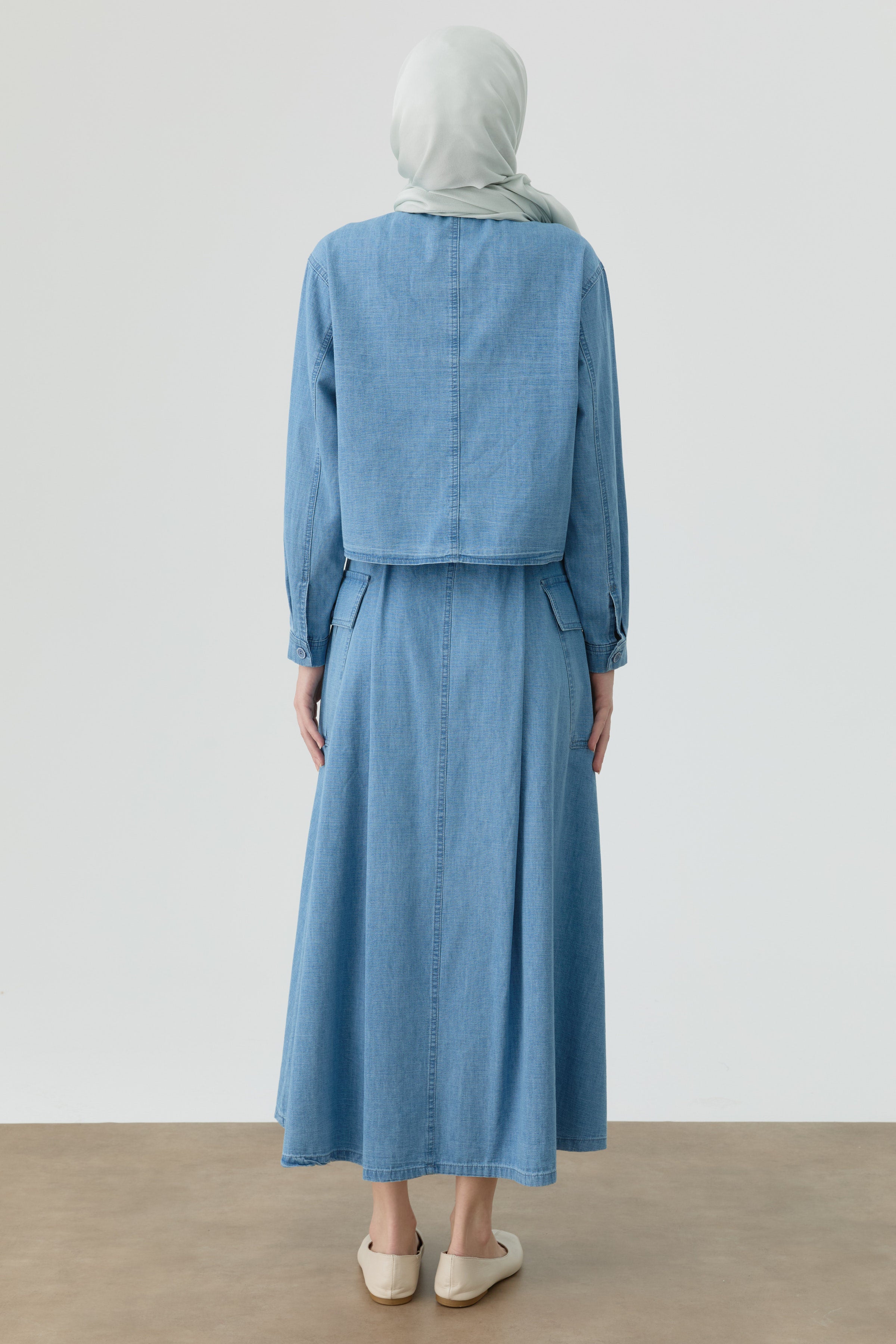 Denim Büyük Cepli Pileli Etek - Açık Mavi TUGBA