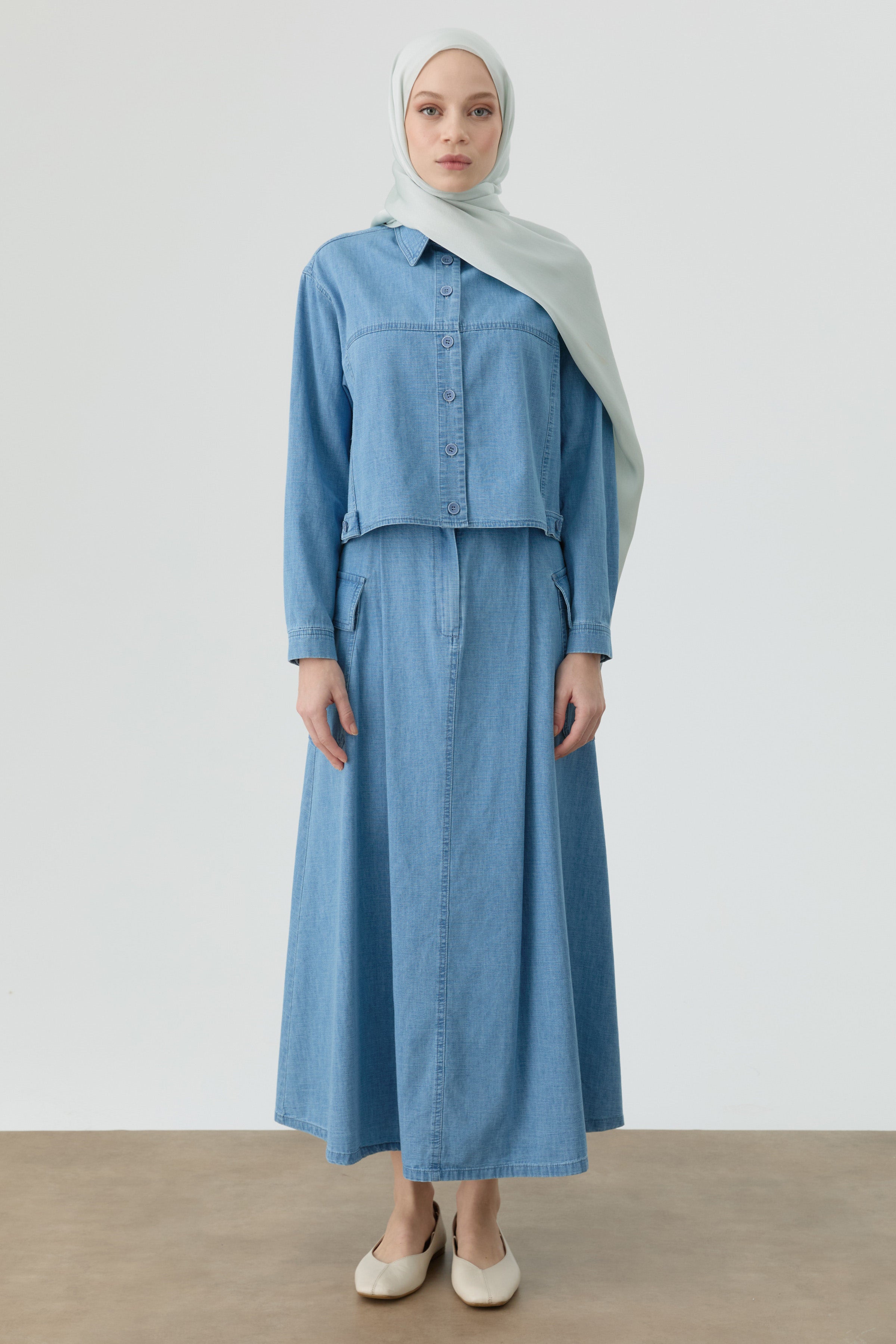 Denim Büyük Cepli Pileli Etek - Açık Mavi TUGBA