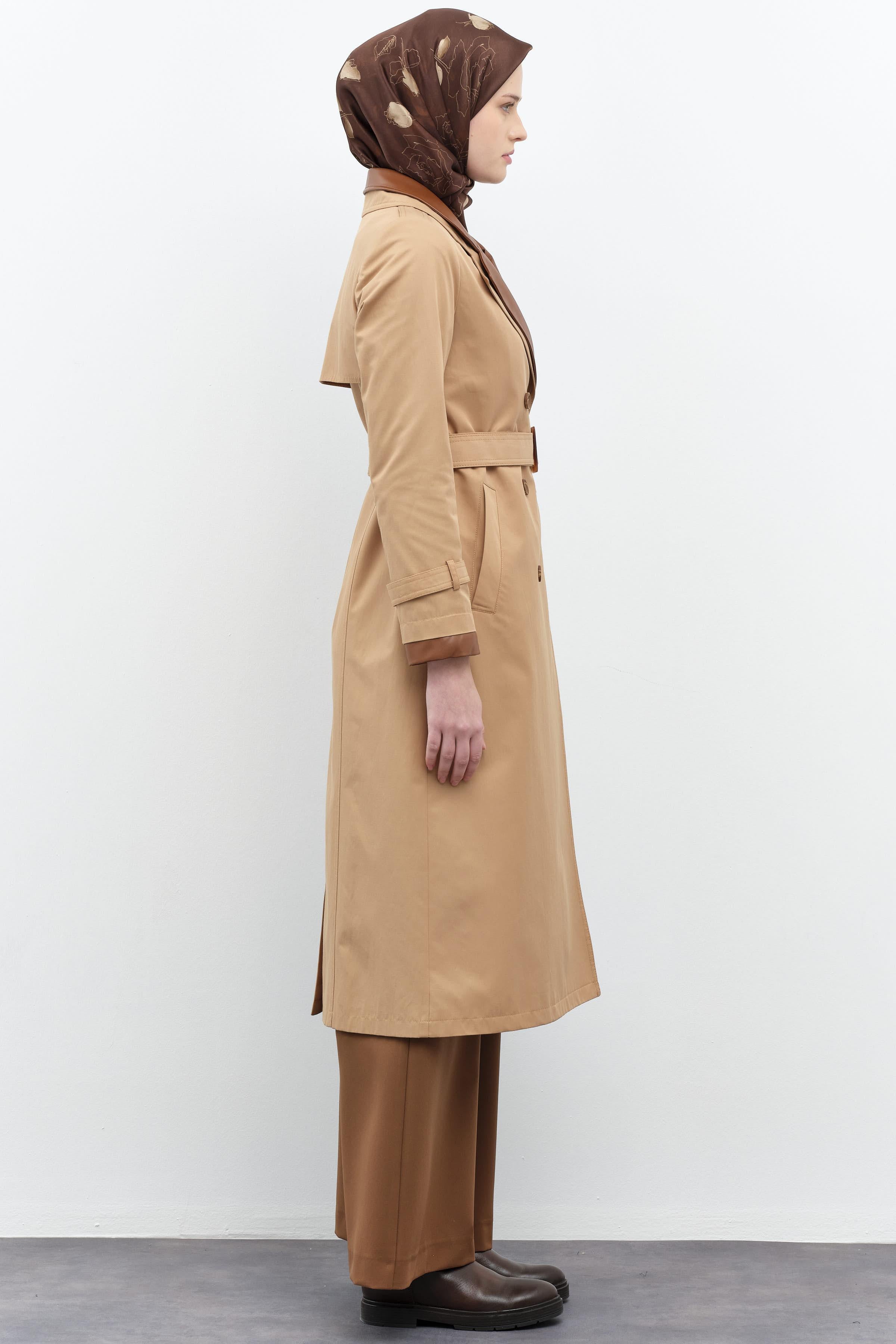 Deri Garnili Çift Yakalı Trençkot - Camel TUGBA