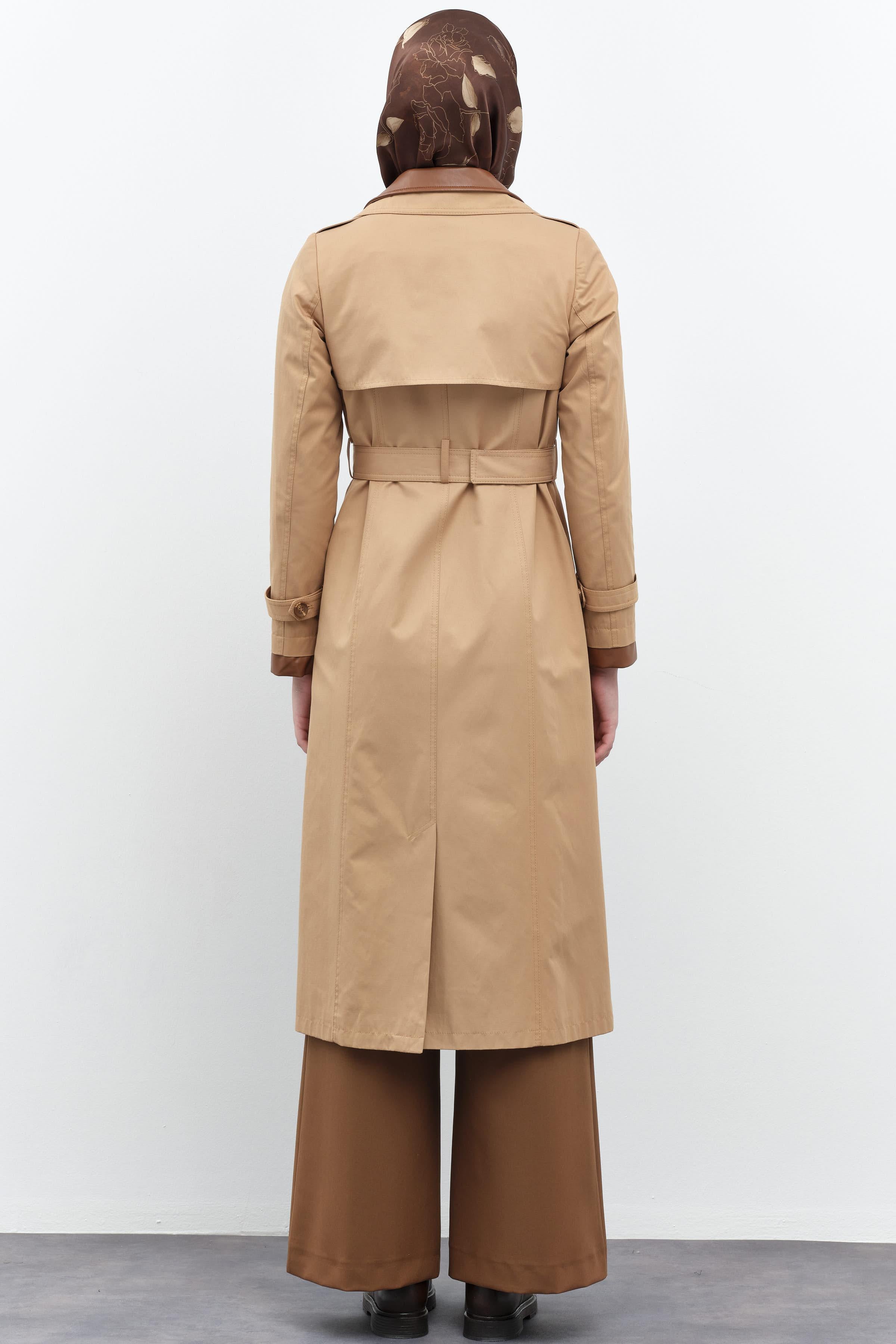 Deri Garnili Çift Yakalı Trençkot - Camel TUGBA