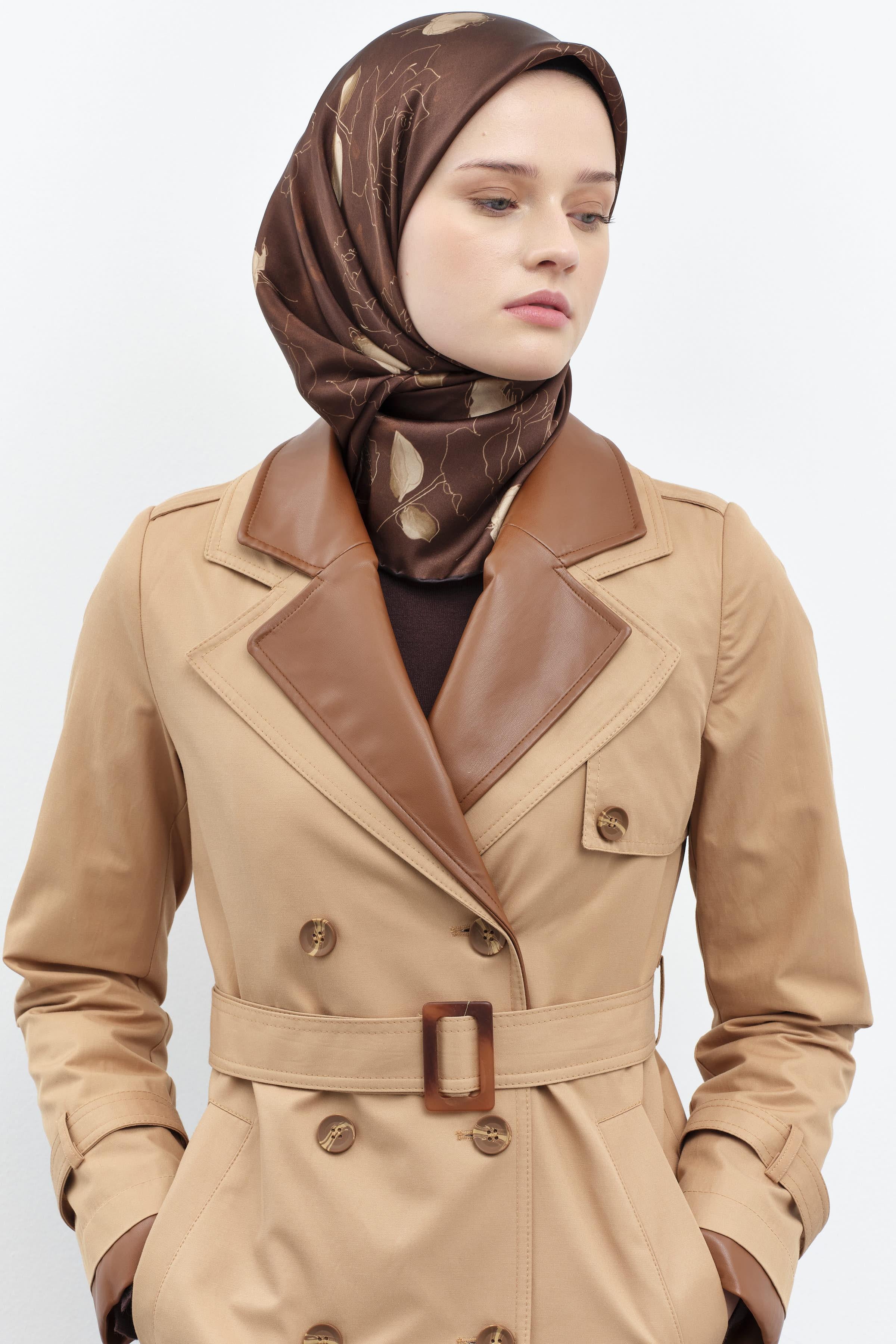 Deri Garnili Çift Yakalı Trençkot - Camel TUGBA