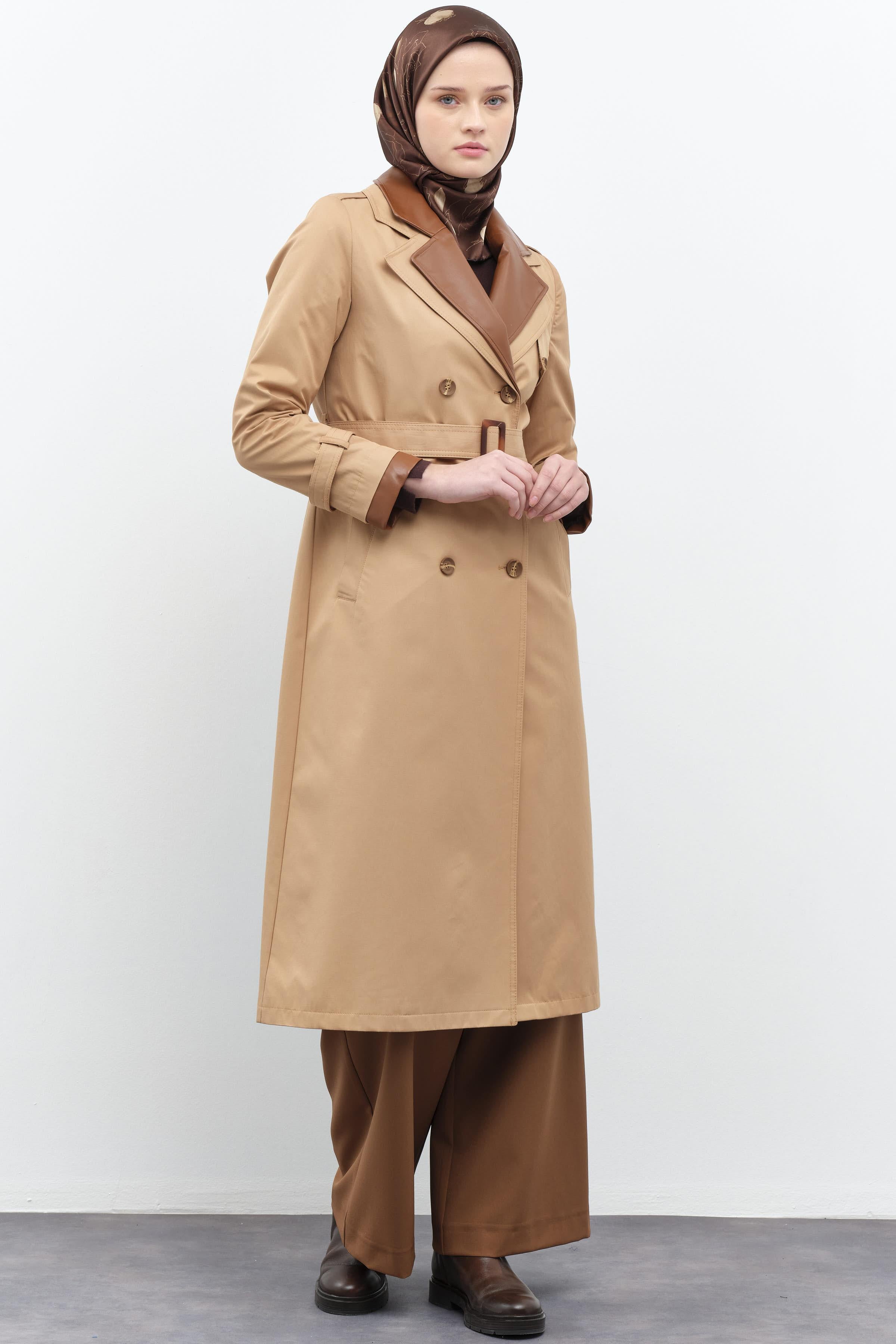 Deri Garnili Çift Yakalı Trençkot - Camel TUGBA