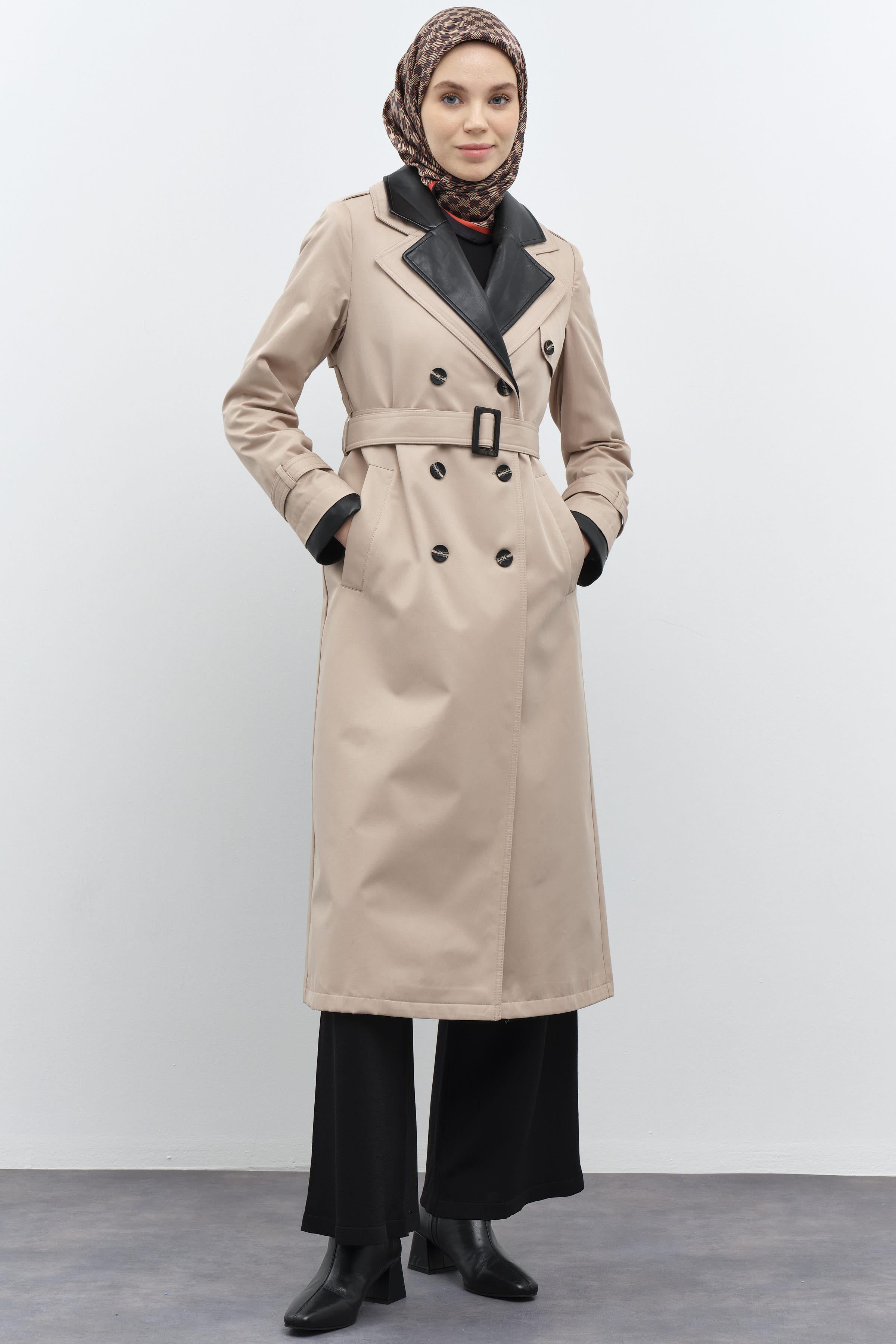 Deri Garnili Çift Yakalı Trençkot - Taş TUGBA