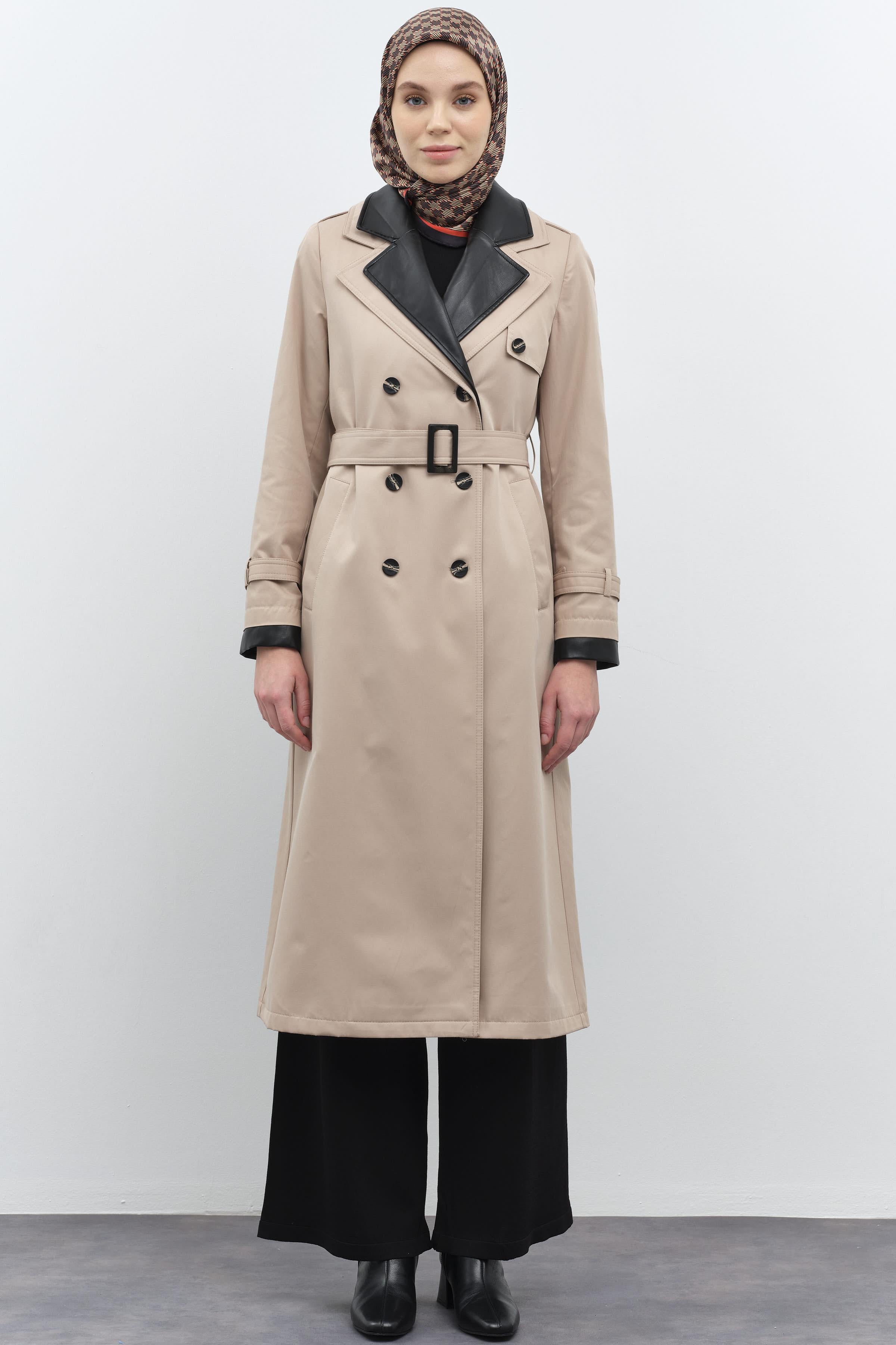 Deri Garnili Çift Yakalı Trençkot - Taş TUGBA