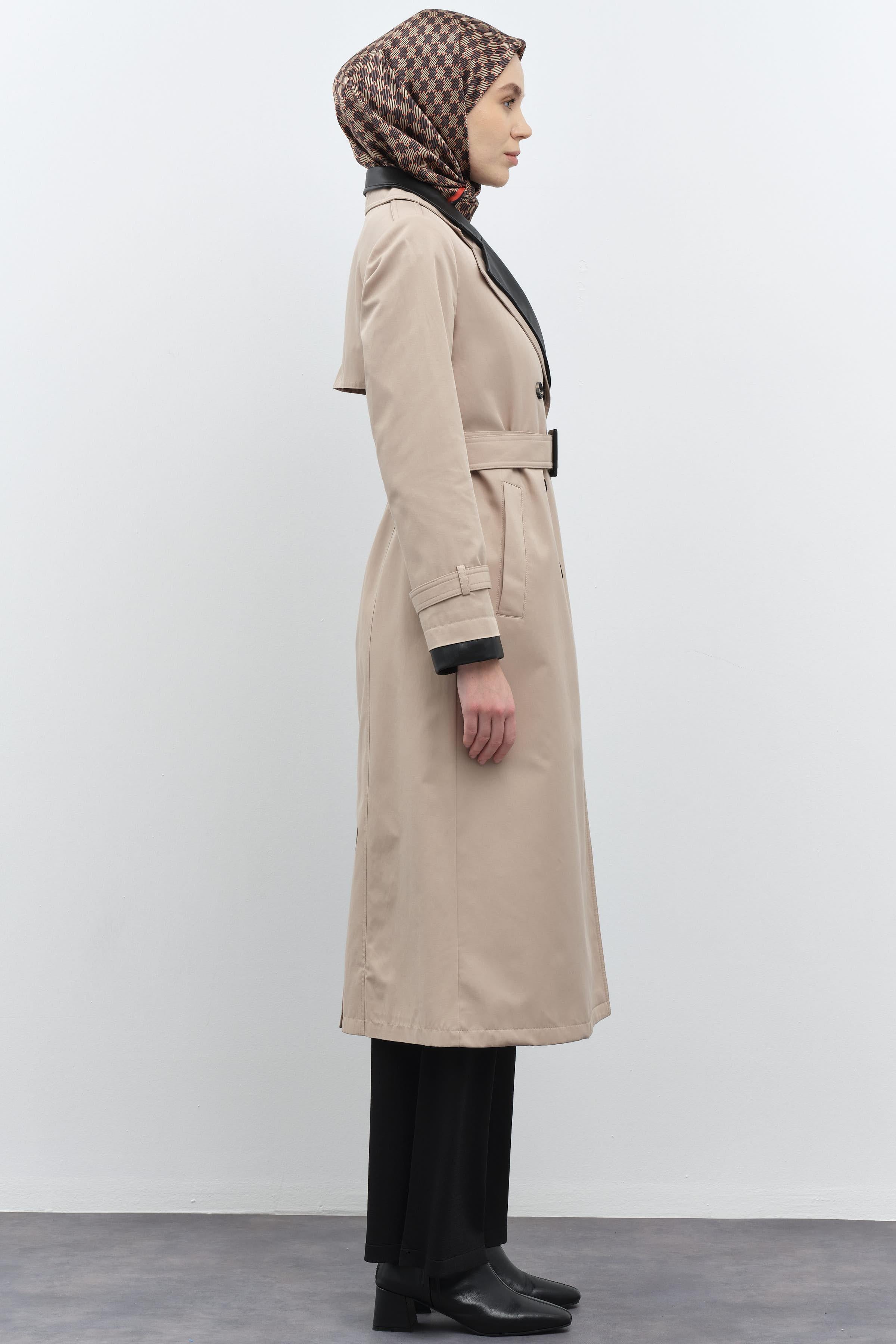 Deri Garnili Çift Yakalı Trençkot - Taş TUGBA