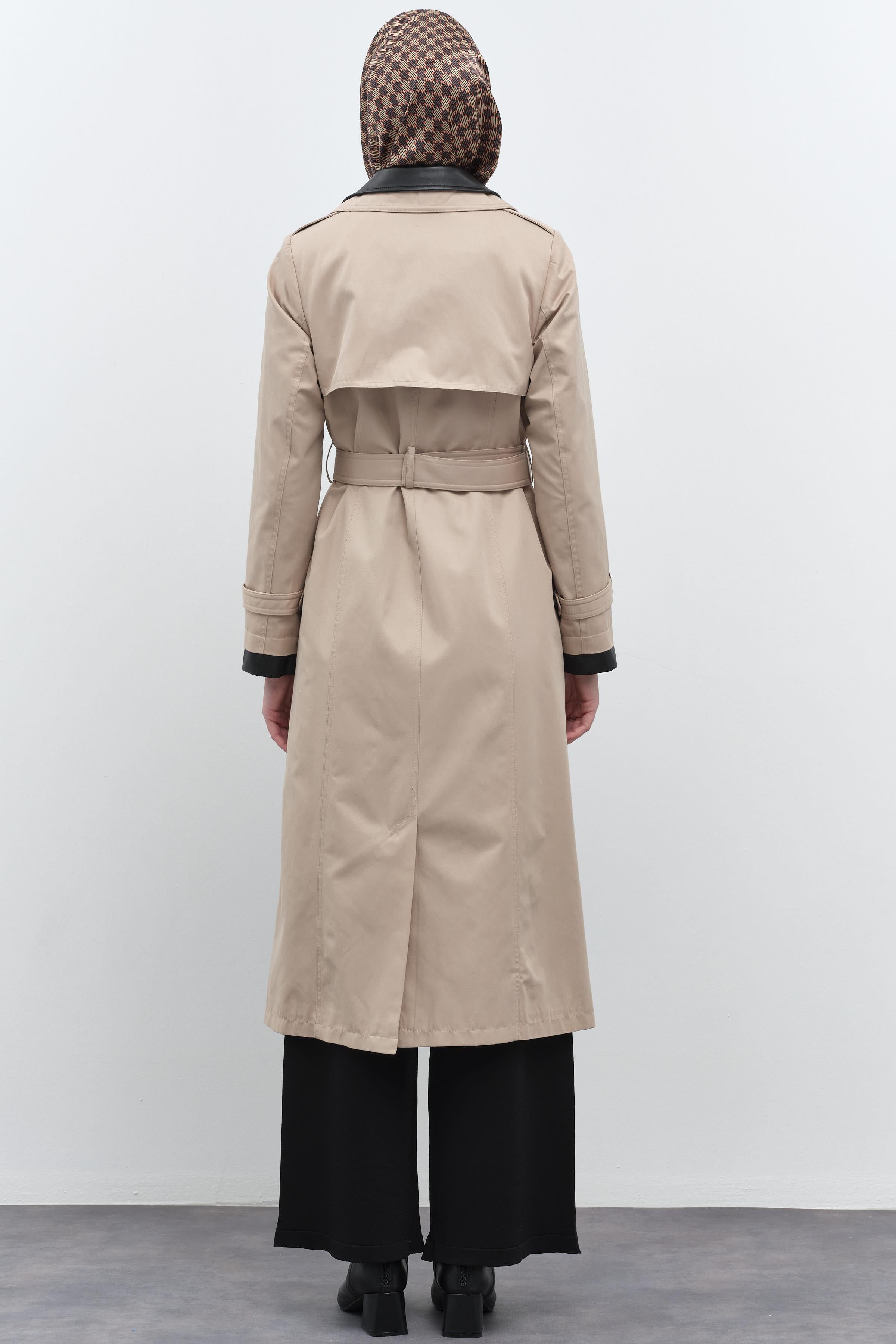 Deri Garnili Çift Yakalı Trençkot - Taş TUGBA